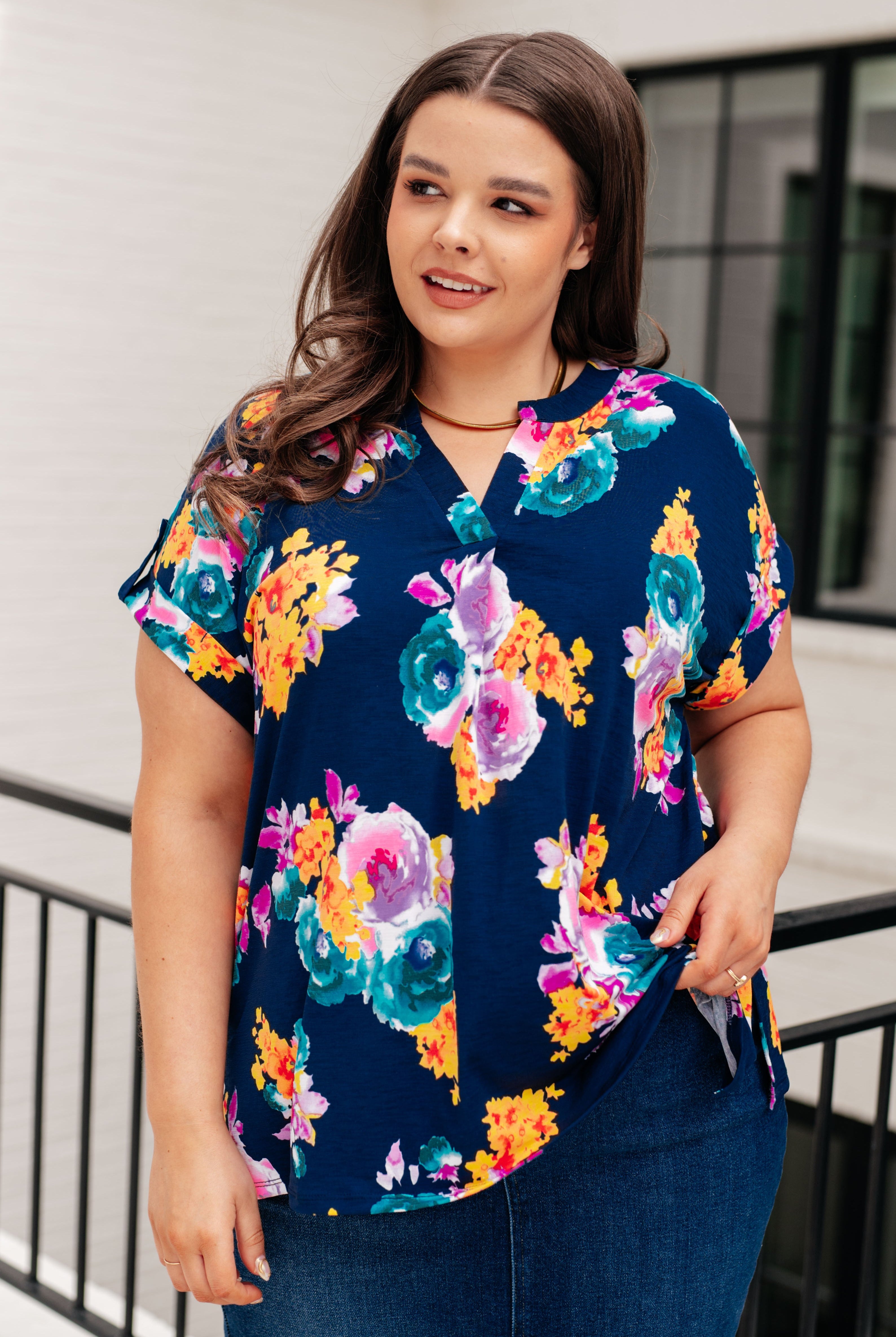 Lizzy Cap Sleeve in Navy and Pastel Bouquet-Short Sleeve Tops-Krush Kandy, Women's Online Fashion Boutique Located in Phoenix, Arizona (Scottsdale Area)