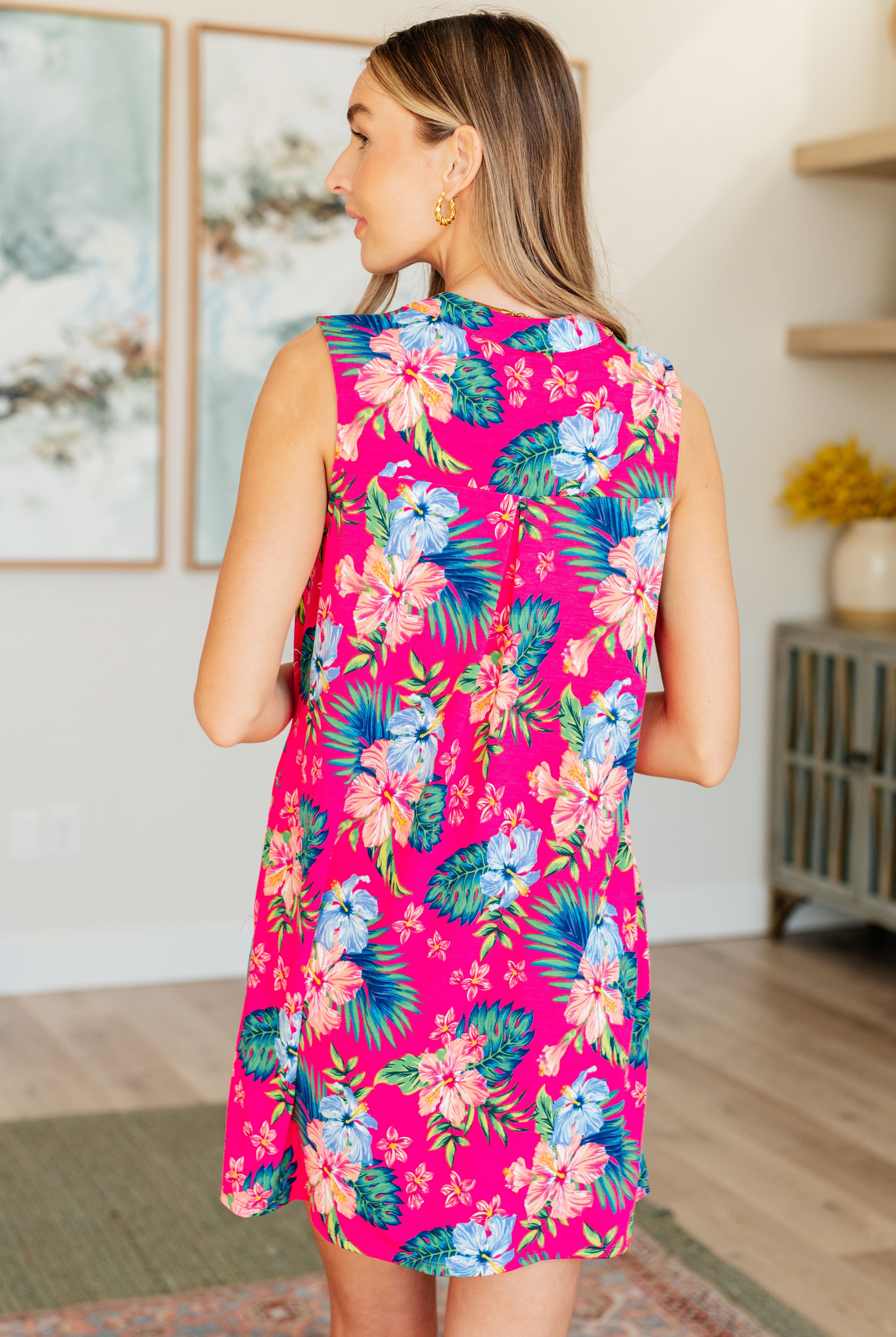Lizzy Tank Dress in Hot Pink Tropical Floral-Dresses-Krush Kandy, Women's Online Fashion Boutique Located in Phoenix, Arizona (Scottsdale Area)