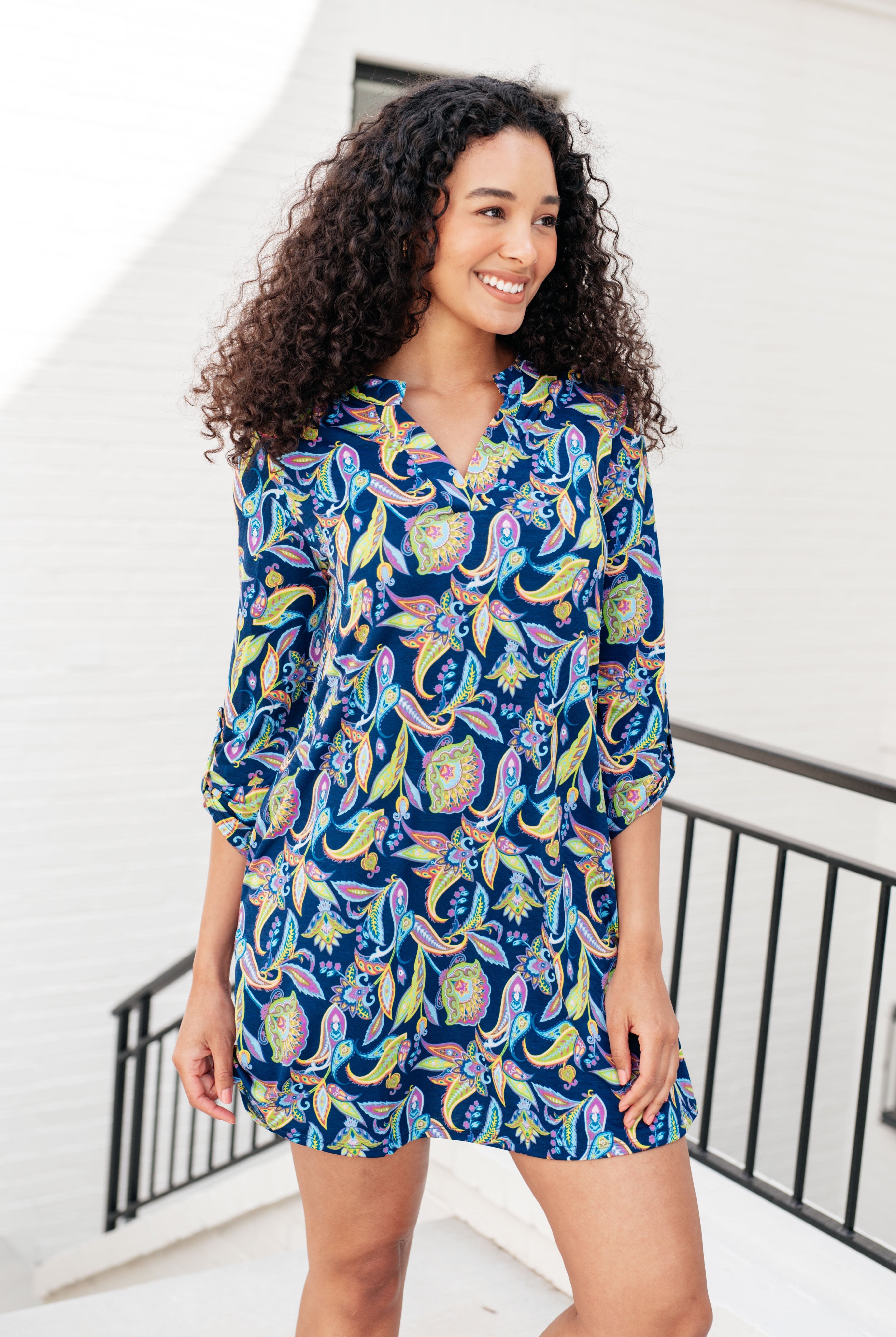 Lizzy Dress in Navy and Bright Paisley Floral-Dresses-Krush Kandy, Women's Online Fashion Boutique Located in Phoenix, Arizona (Scottsdale Area)