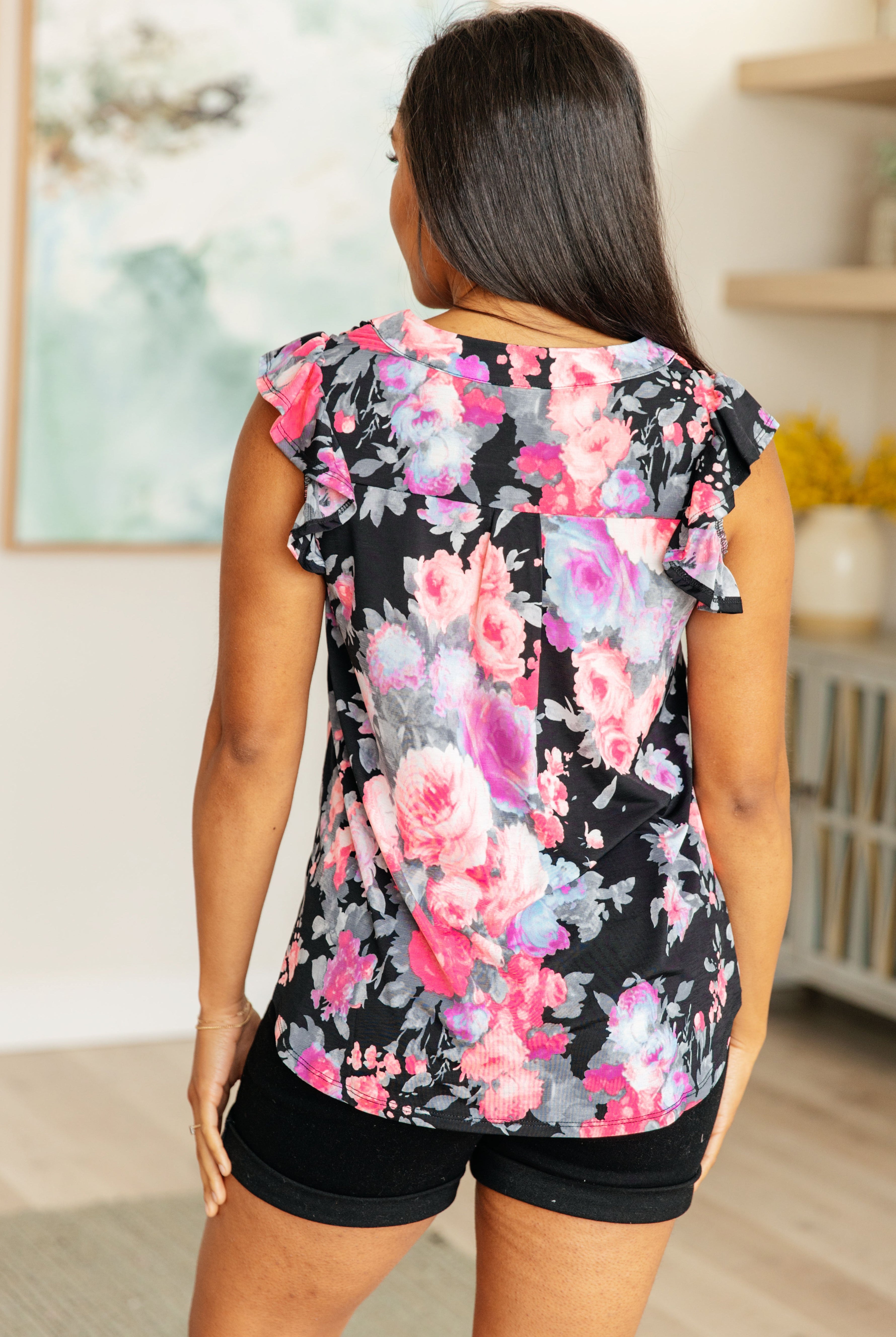 Lizzy Flutter Sleeve Top in Black and Dusty Pink Floral-Short Sleeve Tops-Krush Kandy, Women's Online Fashion Boutique Located in Phoenix, Arizona (Scottsdale Area)