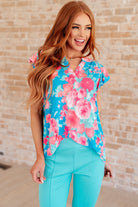 Lizzy Flutter Sleeve Top in Blue and Pink Roses-Short Sleeve Tops-Krush Kandy, Women's Online Fashion Boutique Located in Phoenix, Arizona (Scottsdale Area)