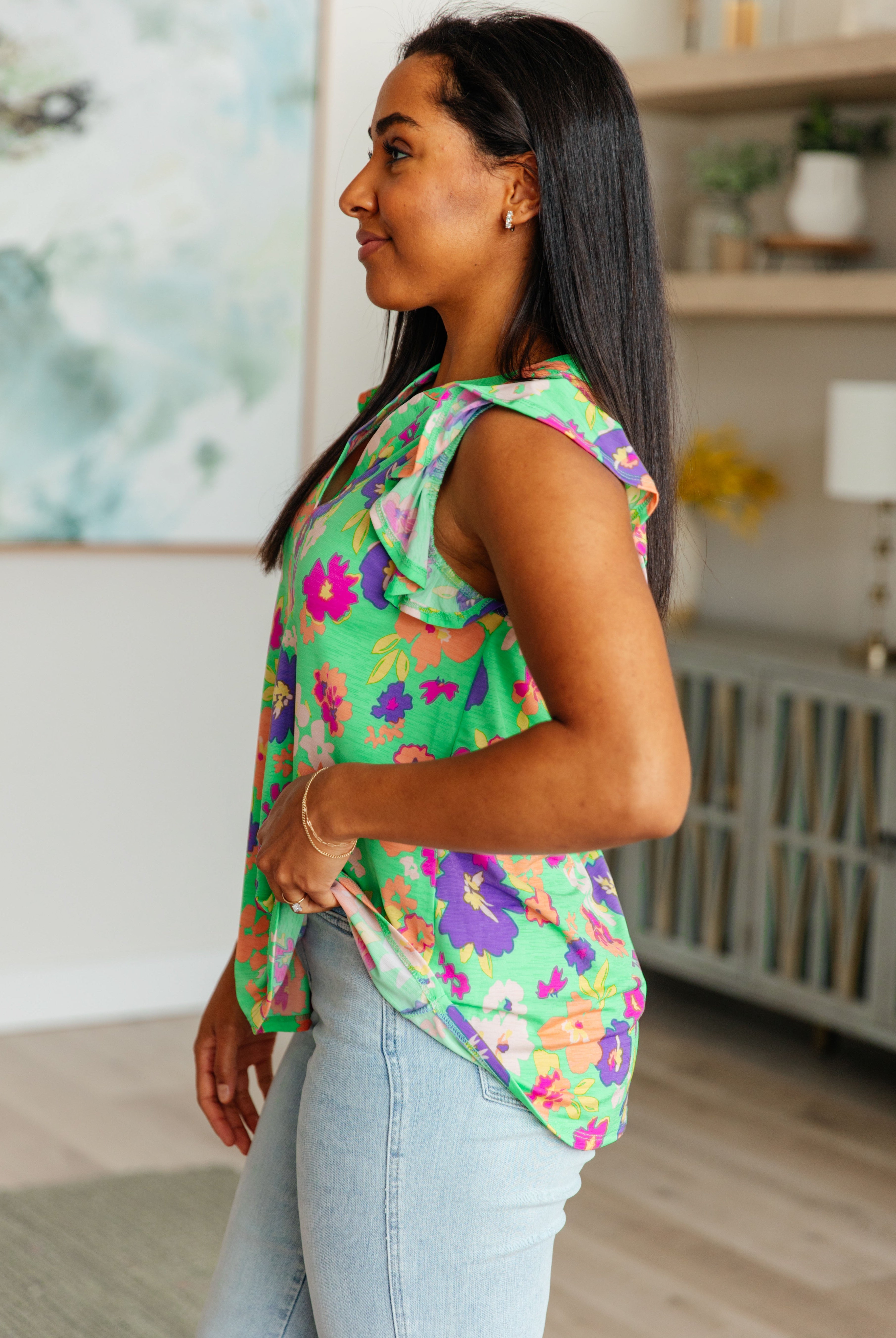 Lizzy Flutter Sleeve Top in Emerald and Purple Floral-Short Sleeve Tops-Krush Kandy, Women's Online Fashion Boutique Located in Phoenix, Arizona (Scottsdale Area)