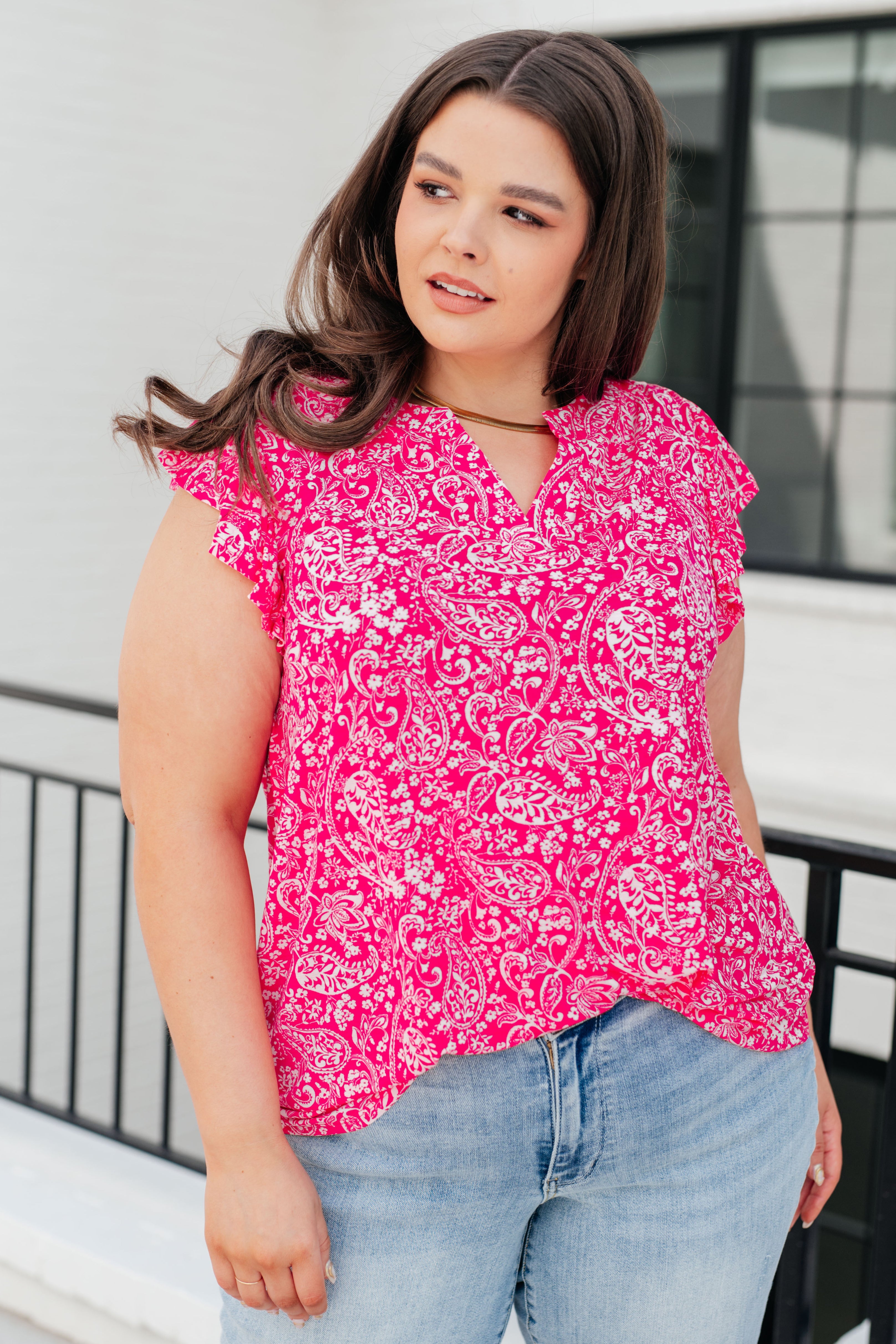 Lizzy Flutter Sleeve Top in Hot Pink and White Floral-Short Sleeve Tops-Krush Kandy, Women's Online Fashion Boutique Located in Phoenix, Arizona (Scottsdale Area)