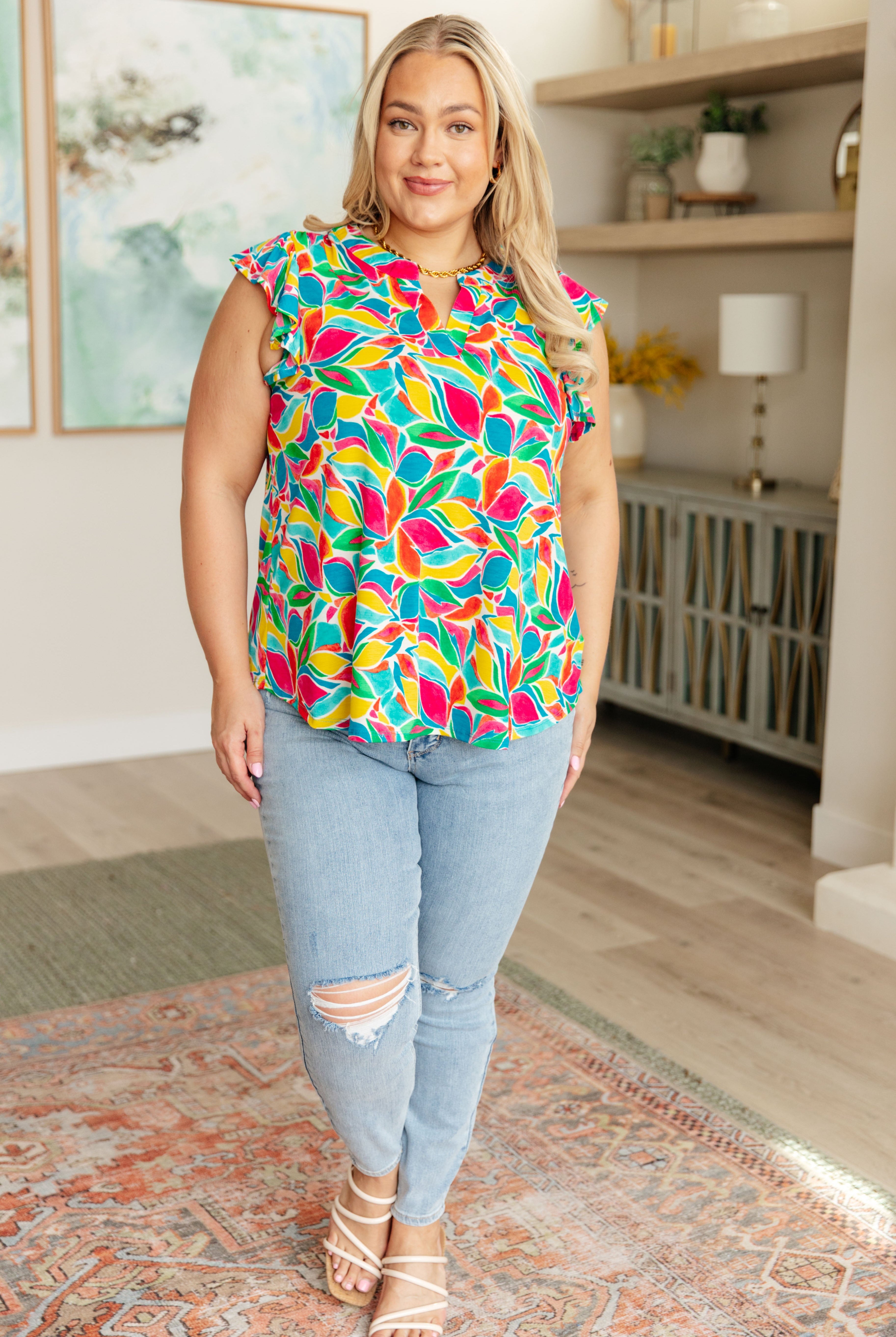 Lizzy Flutter Sleeve Top in Teal and Red Mod Floral-Short Sleeve Tops-Krush Kandy, Women's Online Fashion Boutique Located in Phoenix, Arizona (Scottsdale Area)