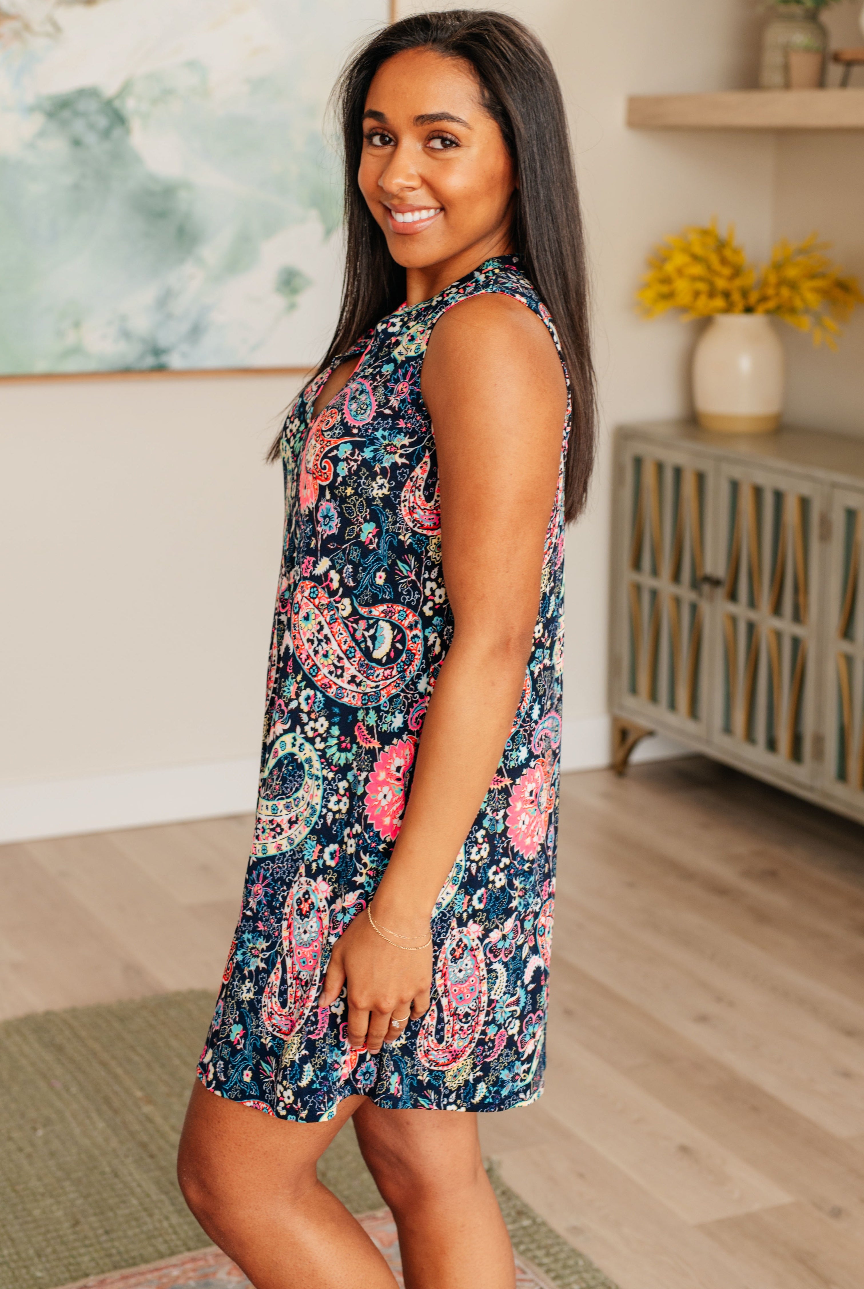 Lizzy Tank Dress in Navy, Ivory and Pink Paisley-Dresses-Krush Kandy, Women's Online Fashion Boutique Located in Phoenix, Arizona (Scottsdale Area)