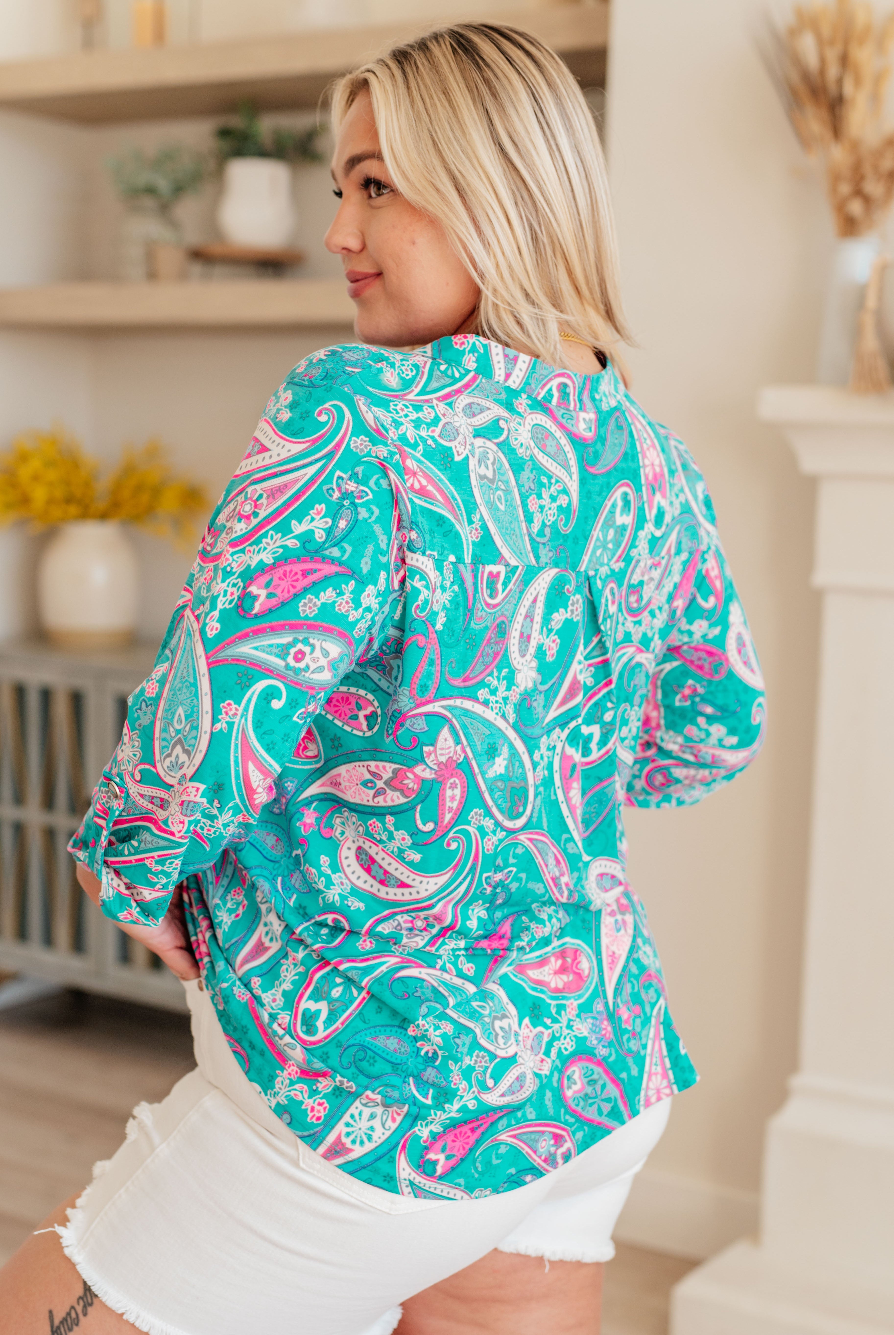 Lizzy Top in Aqua and Pink Paisley-Long Sleeve Tops-Krush Kandy, Women's Online Fashion Boutique Located in Phoenix, Arizona (Scottsdale Area)