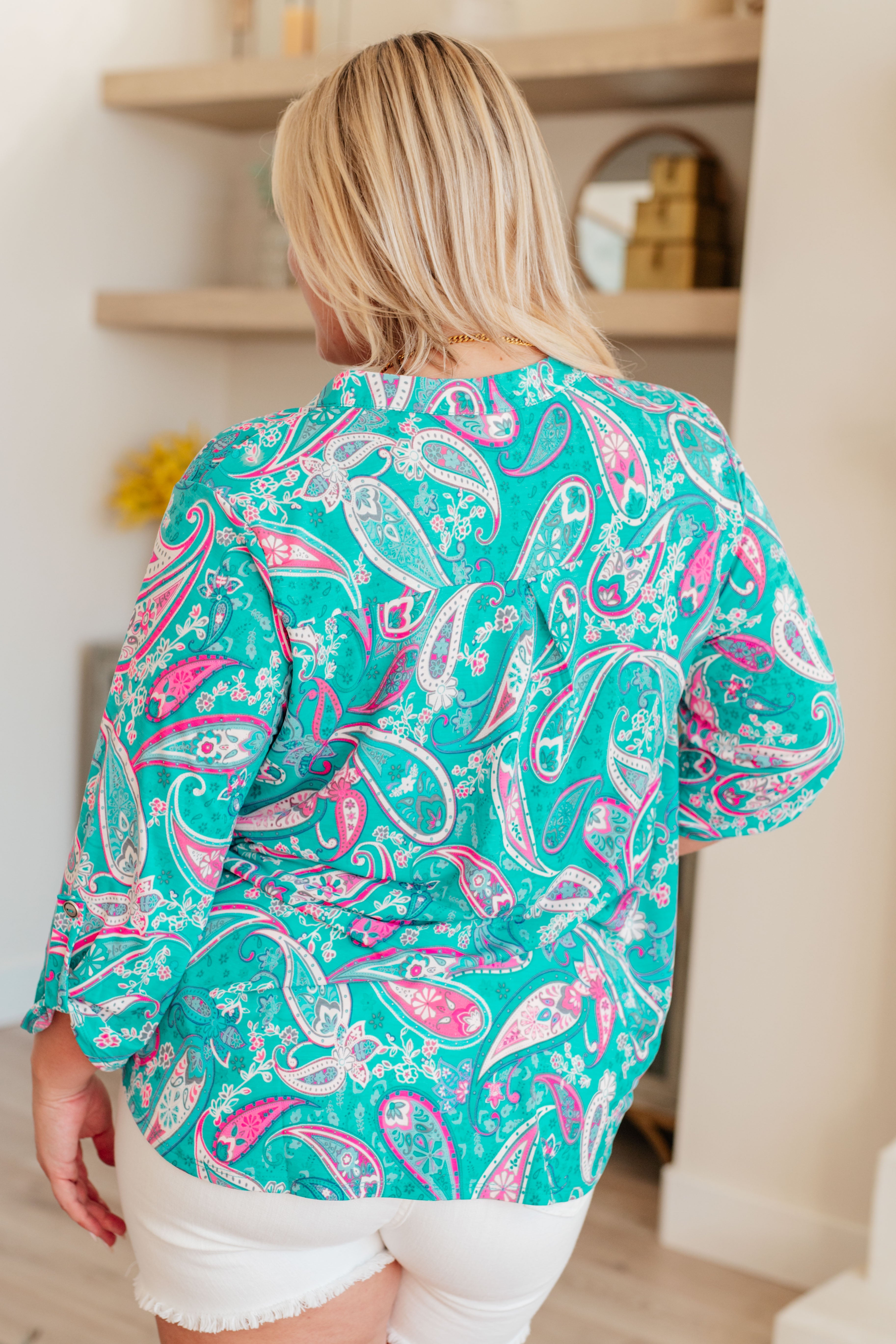 Lizzy Top in Aqua and Pink Paisley-Long Sleeve Tops-Krush Kandy, Women's Online Fashion Boutique Located in Phoenix, Arizona (Scottsdale Area)