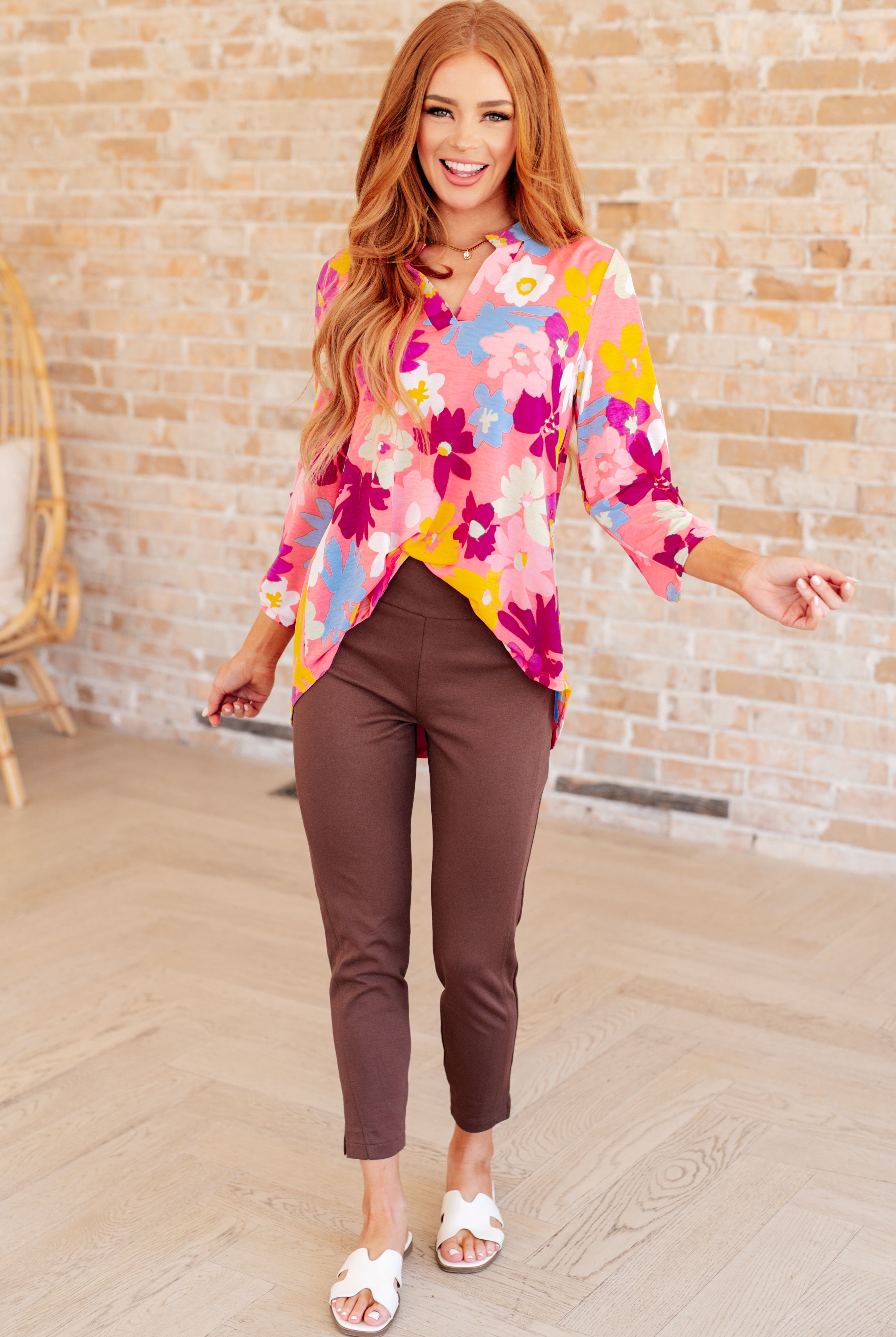 Lizzy Top in Coral and Magenta Painted Floral-Long Sleeve Tops-Krush Kandy, Women's Online Fashion Boutique Located in Phoenix, Arizona (Scottsdale Area)