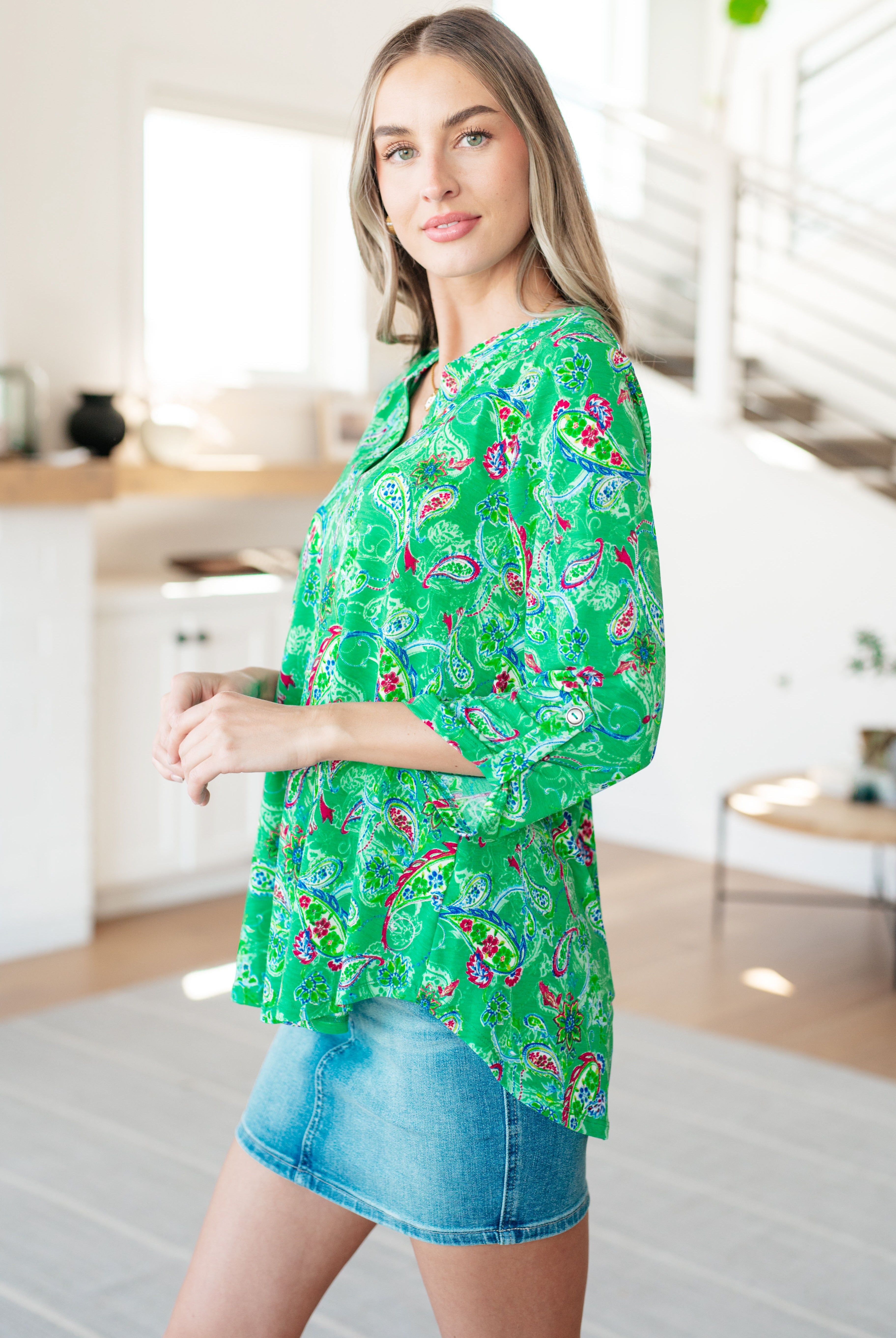 Lizzy Top in Emerald and Magenta Paisley-Long Sleeve Tops-Krush Kandy, Women's Online Fashion Boutique Located in Phoenix, Arizona (Scottsdale Area)