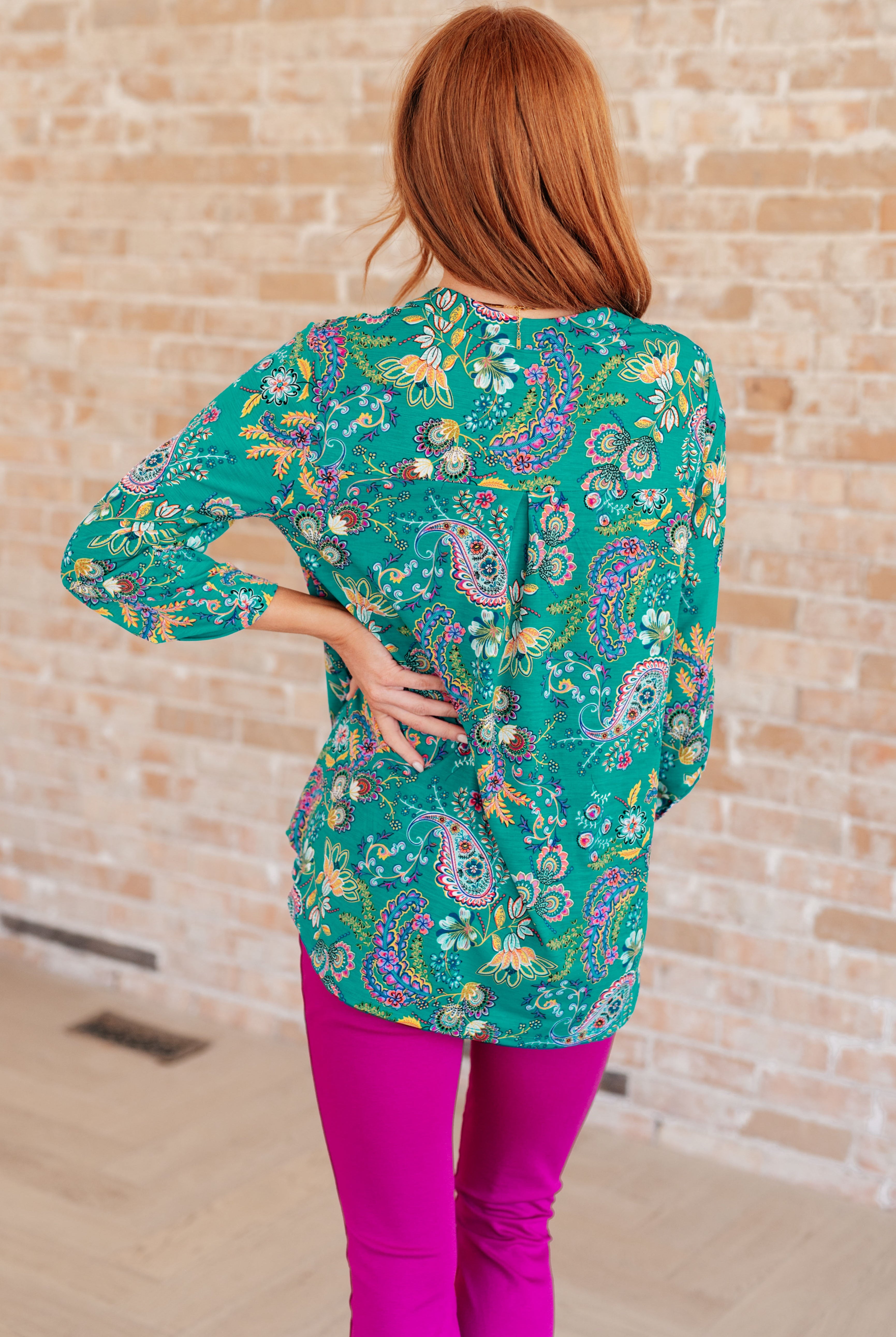 Lizzy Top in Emerald and Purple Paisley-Long Sleeve Tops-Krush Kandy, Women's Online Fashion Boutique Located in Phoenix, Arizona (Scottsdale Area)