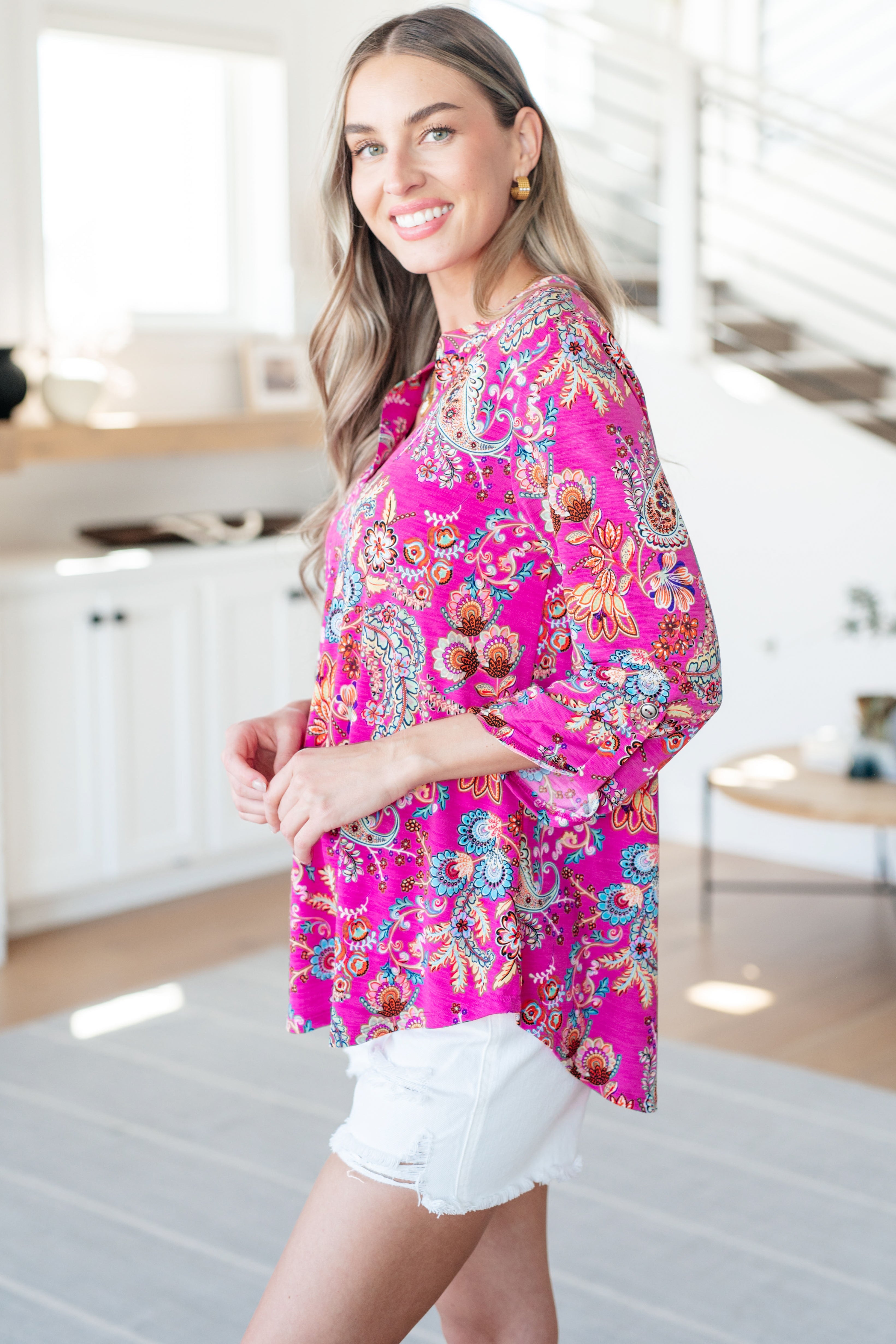 Lizzy Top in Magenta Floral Paisley-Long Sleeve Tops-Krush Kandy, Women's Online Fashion Boutique Located in Phoenix, Arizona (Scottsdale Area)
