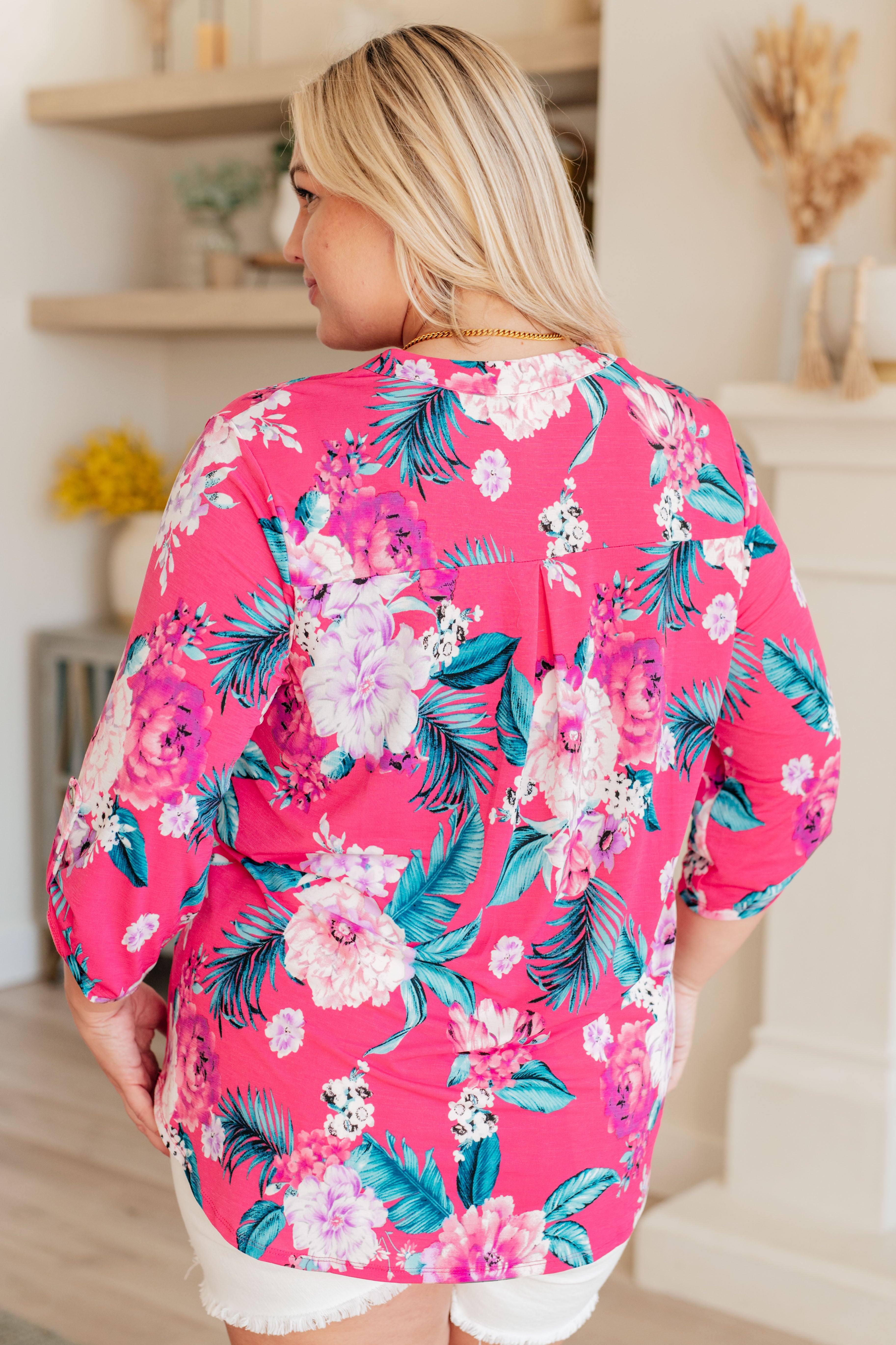 Lizzy Top in Magenta and Teal Tropical Floral-Long Sleeve Tops-Krush Kandy, Women's Online Fashion Boutique Located in Phoenix, Arizona (Scottsdale Area)