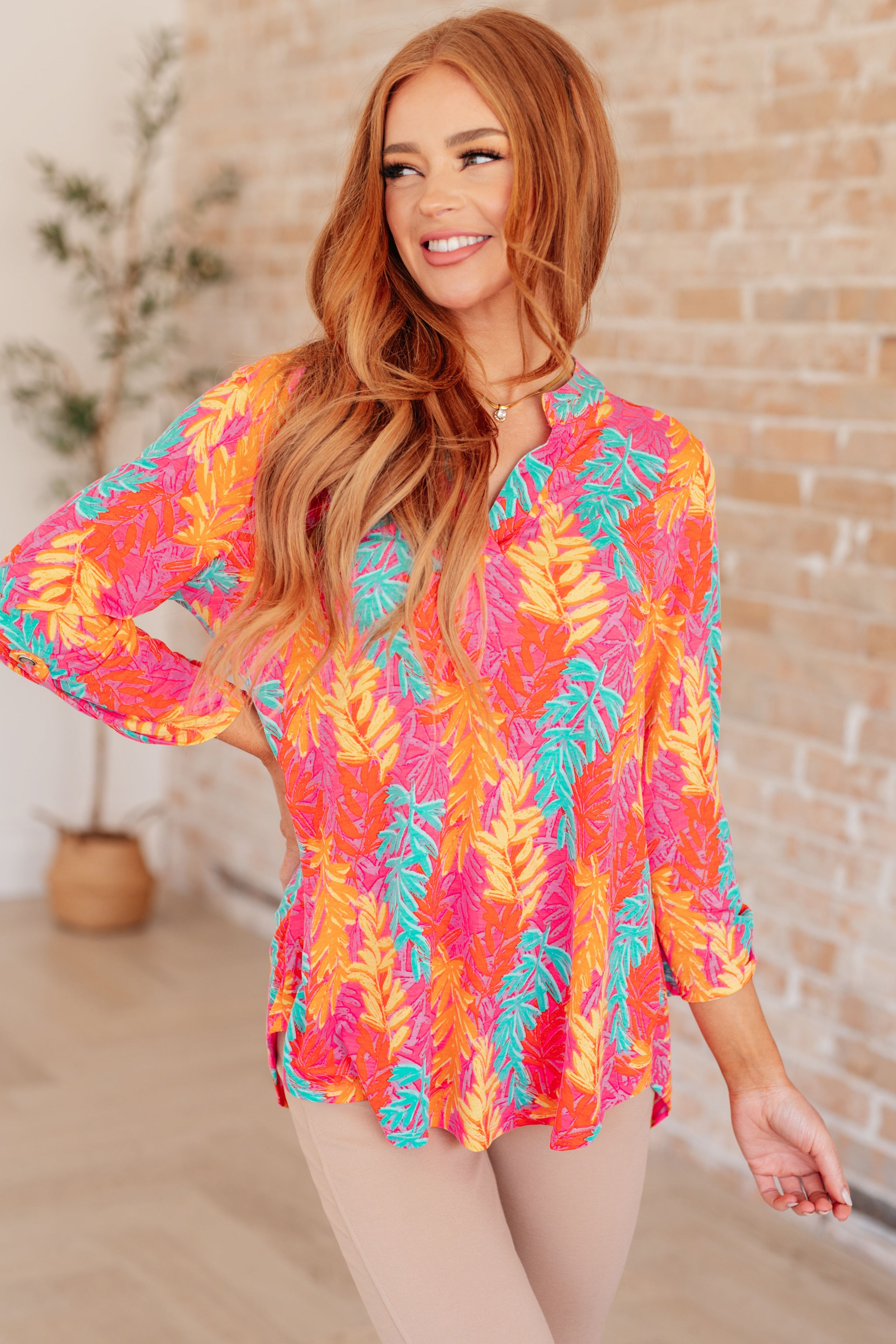 Lizzy Top in Pink and Teal Branches-Long Sleeve Tops-Krush Kandy, Women's Online Fashion Boutique Located in Phoenix, Arizona (Scottsdale Area)