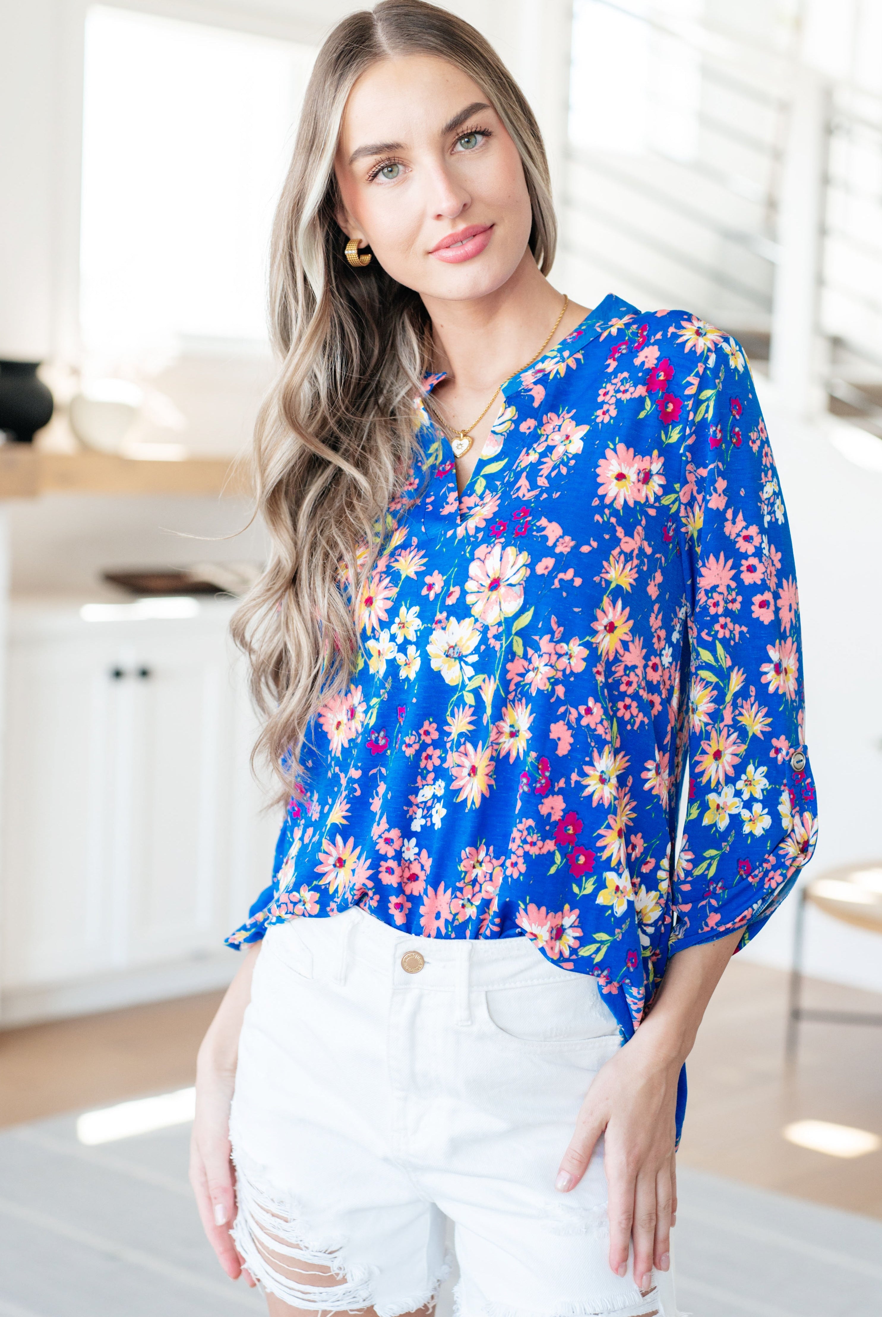 Lizzy Top in Royal and Blush Floral-Long Sleeve Tops-Krush Kandy, Women's Online Fashion Boutique Located in Phoenix, Arizona (Scottsdale Area)