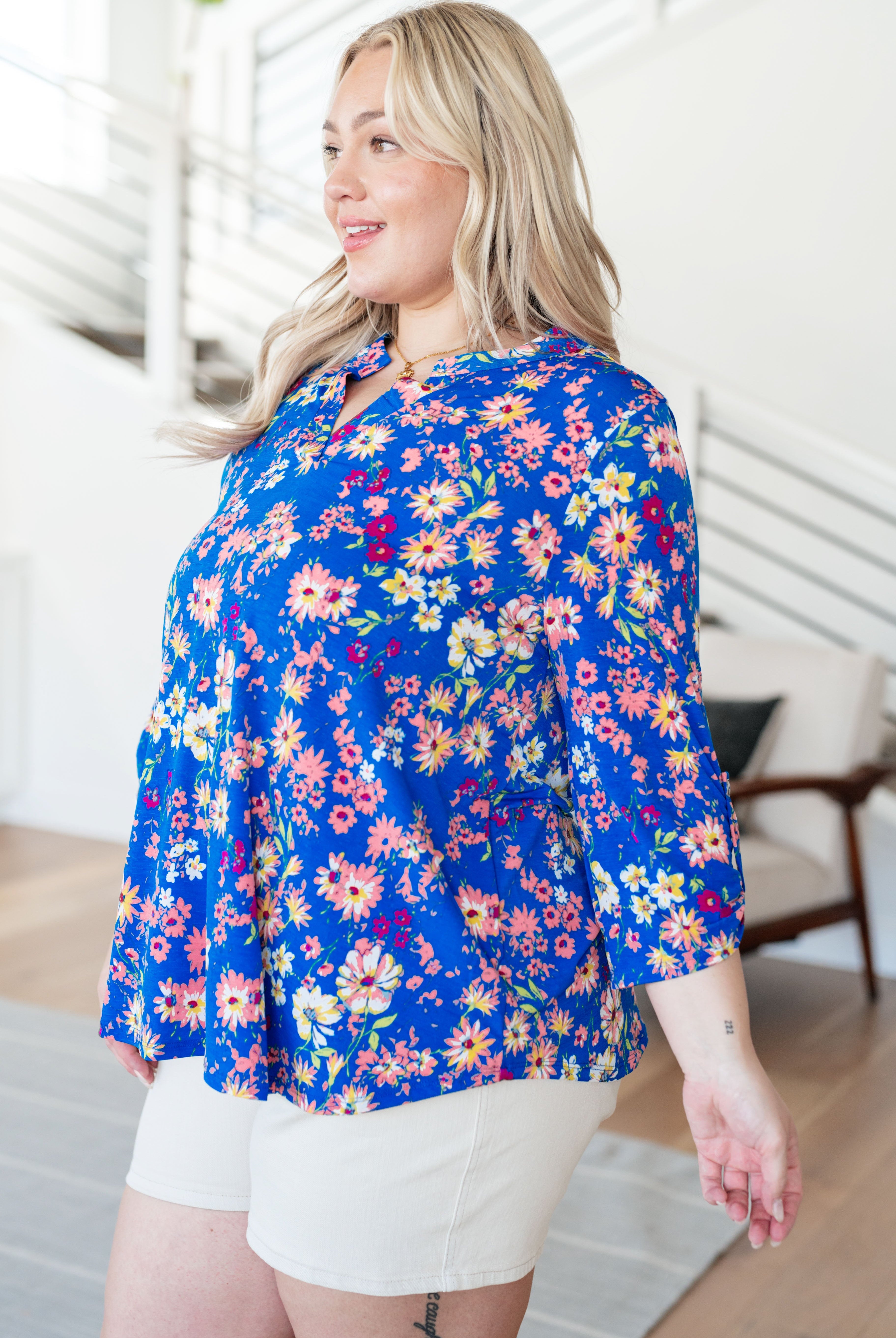 Lizzy Top in Royal and Blush Floral-Long Sleeve Tops-Krush Kandy, Women's Online Fashion Boutique Located in Phoenix, Arizona (Scottsdale Area)