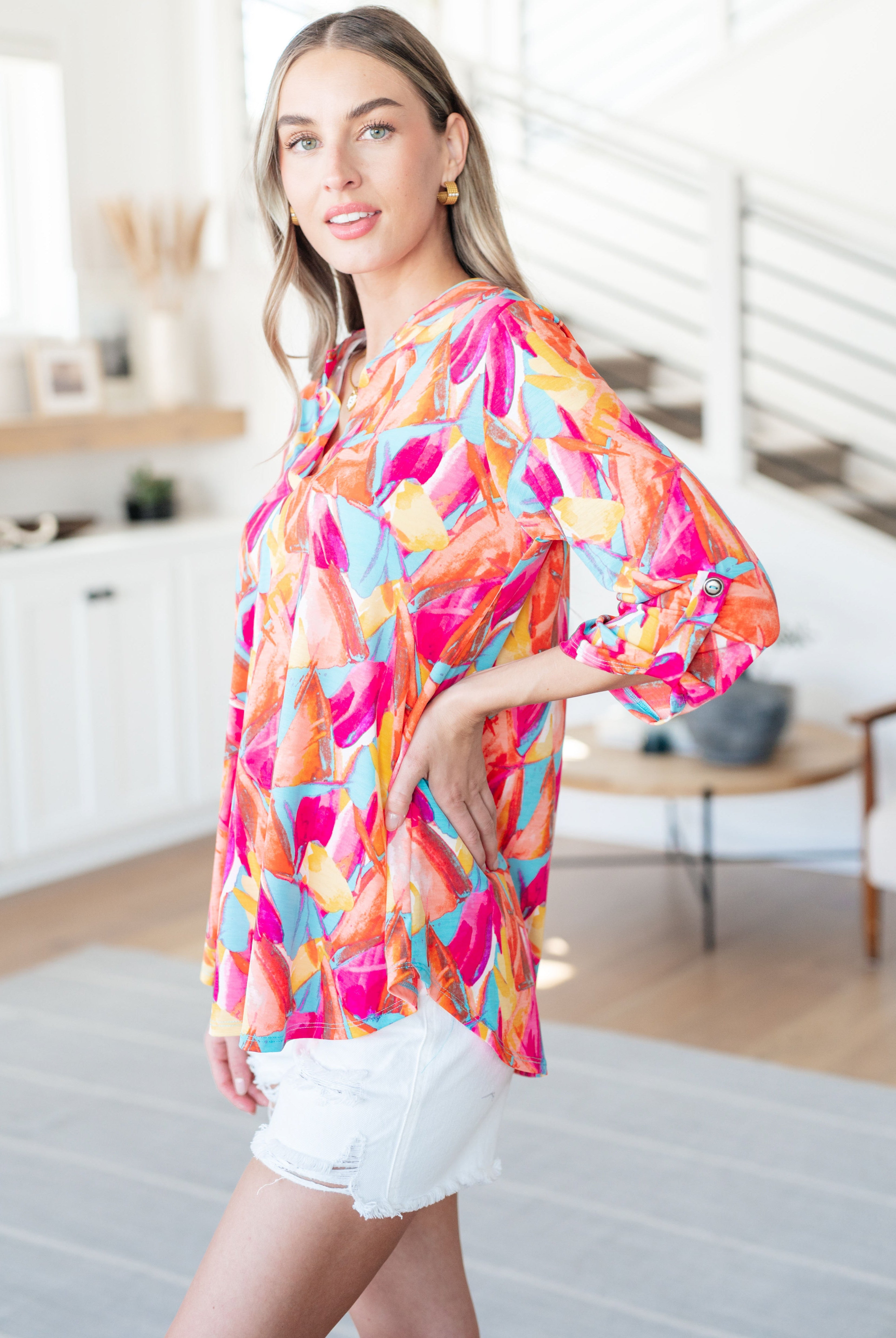 Lizzy Top in Teal and Hot Pink Abstract Fans-Long Sleeve Tops-Krush Kandy, Women's Online Fashion Boutique Located in Phoenix, Arizona (Scottsdale Area)