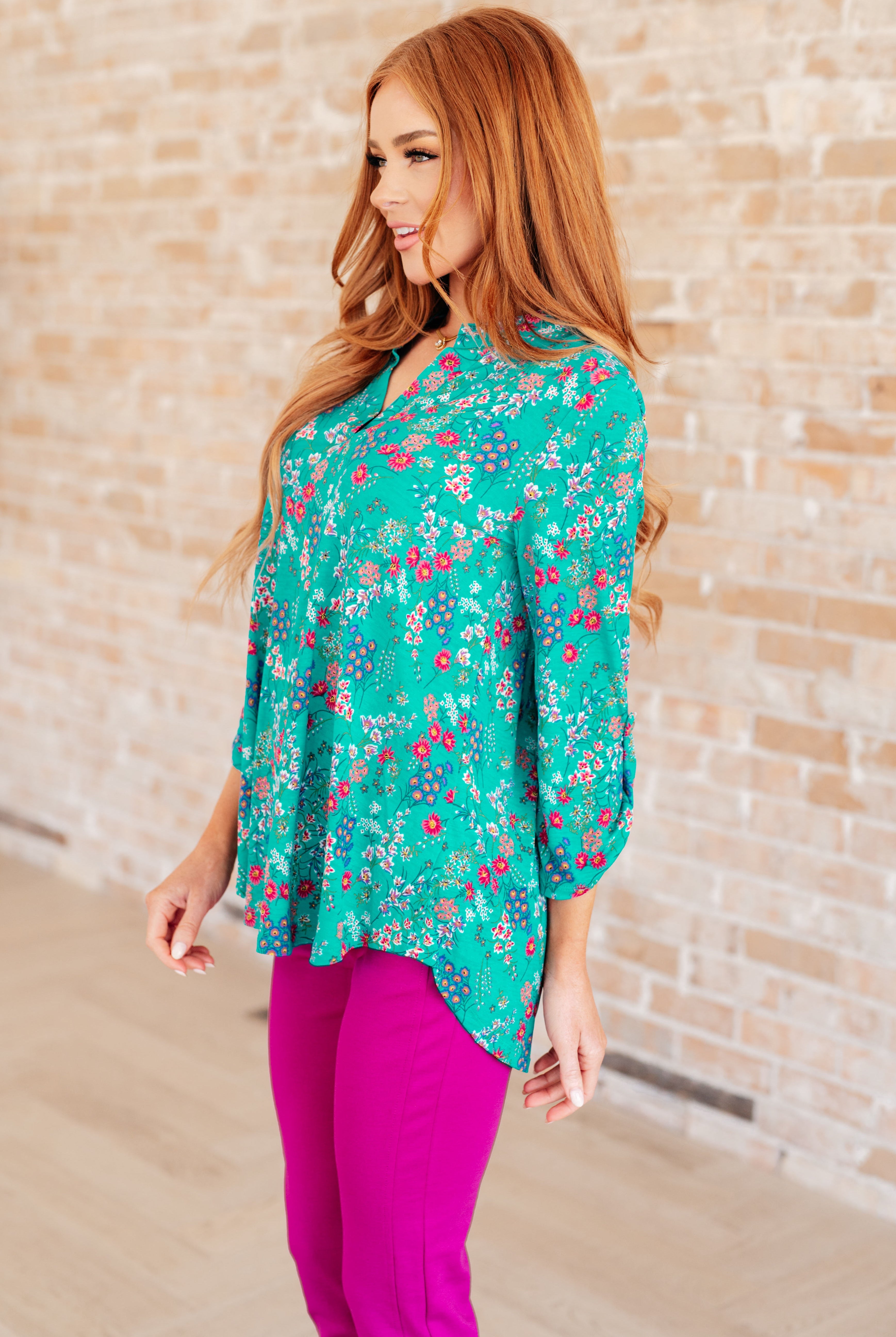 Lizzy Top in Teal and Lavender Wildflowers-Long Sleeve Tops-Krush Kandy, Women's Online Fashion Boutique Located in Phoenix, Arizona (Scottsdale Area)