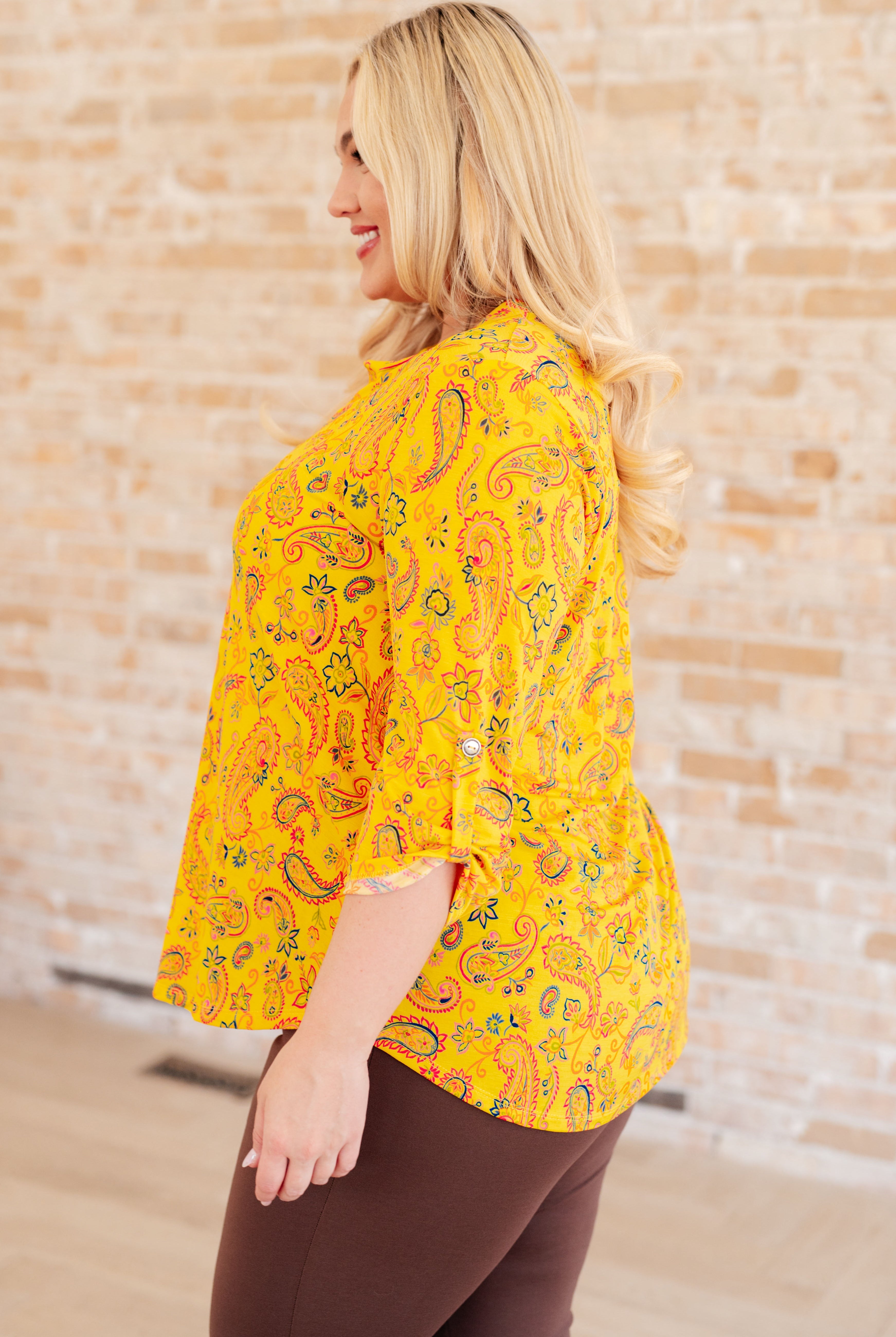 Lizzy Top in Yellow and Navy Paisley-Short Sleeve Tops-Krush Kandy, Women's Online Fashion Boutique Located in Phoenix, Arizona (Scottsdale Area)