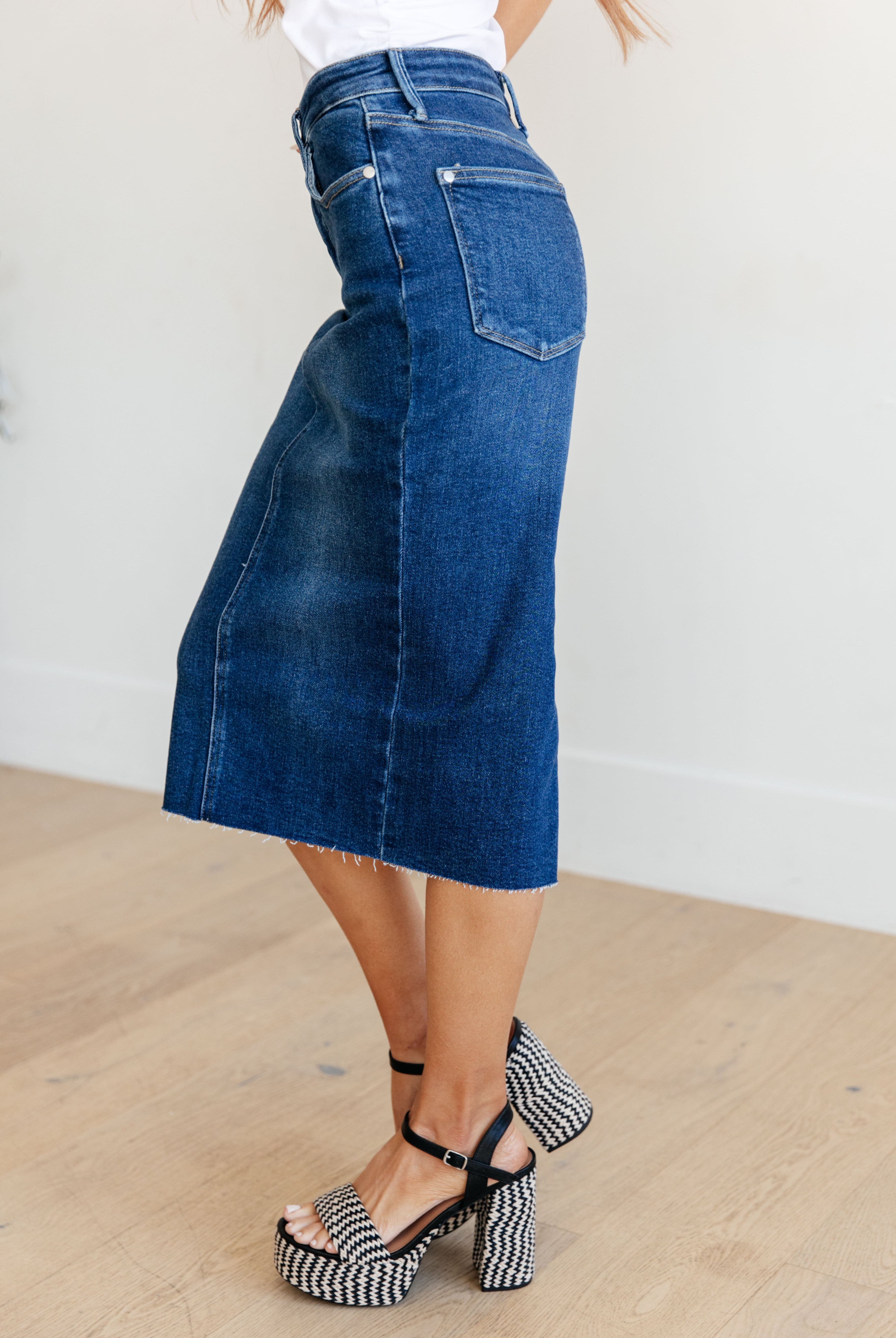 JUDY BLUE Marcy High Rise Denim Midi Skirt-Skirts-Krush Kandy, Women's Online Fashion Boutique Located in Phoenix, Arizona (Scottsdale Area)
