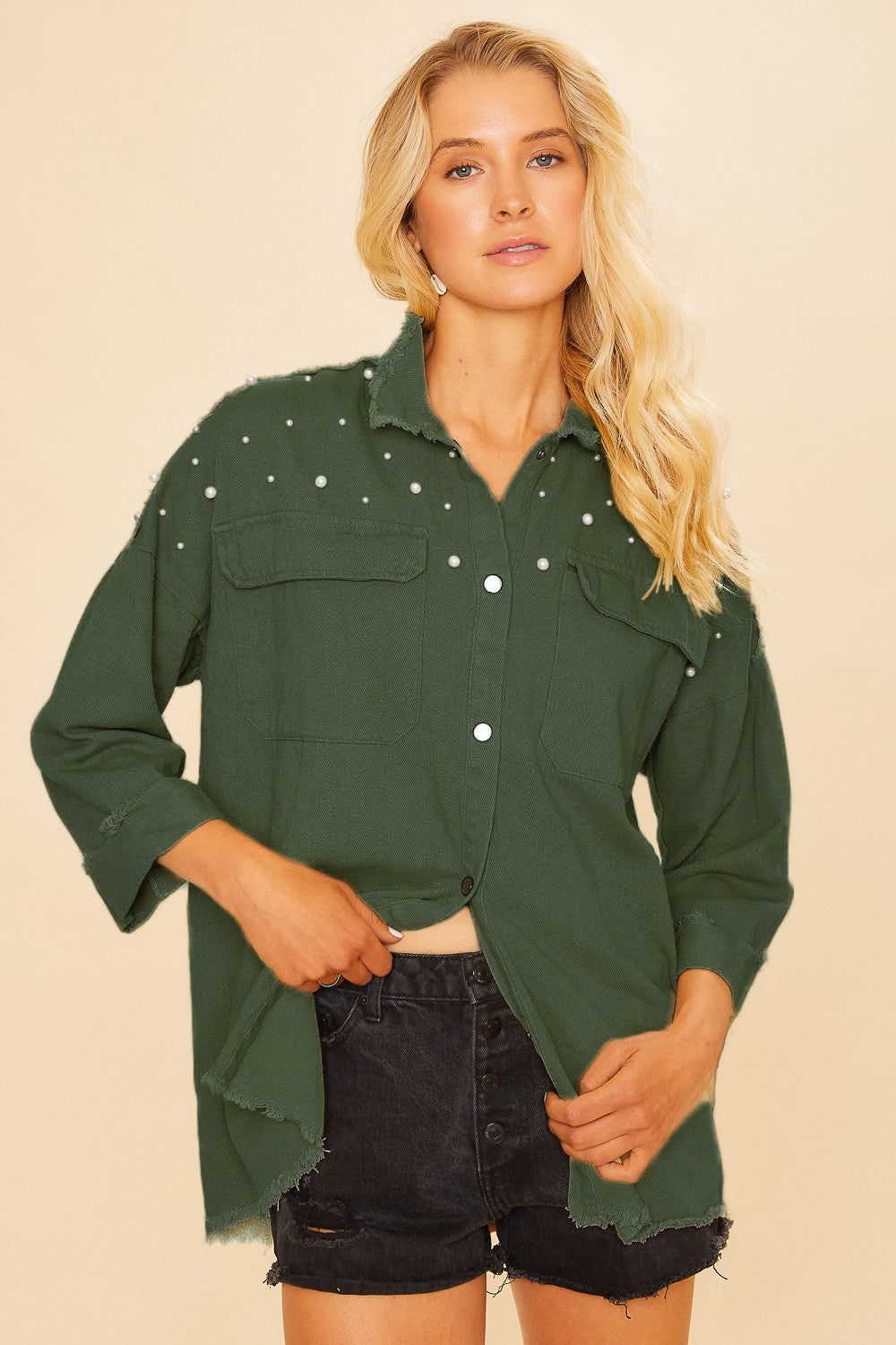 POL Pearl Detail Button Down Cotton Shirt Jacket-Long Sleeve Tops-Krush Kandy, Women's Online Fashion Boutique Located in Phoenix, Arizona (Scottsdale Area)