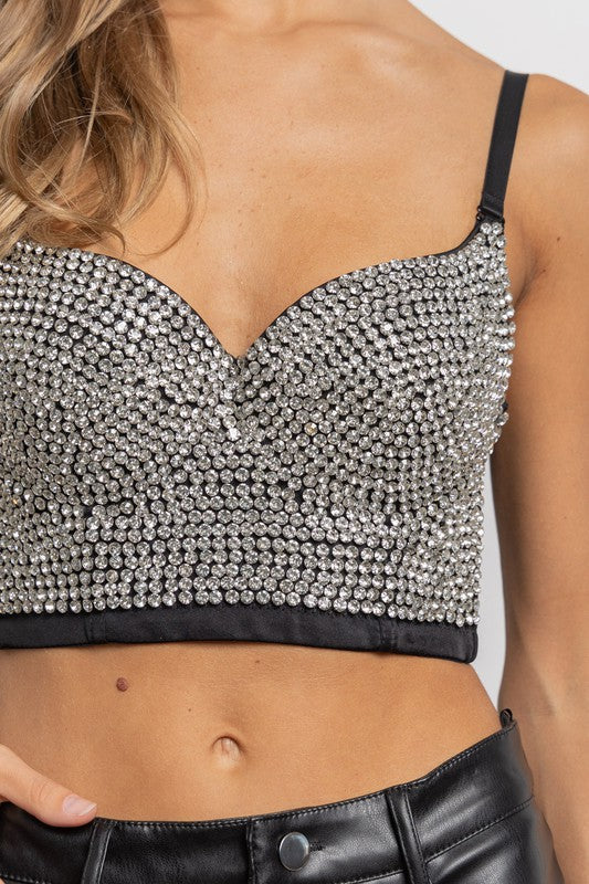 Rhinestone Bustier Mesh Crop Top (Black) – Palazzo Couture Online