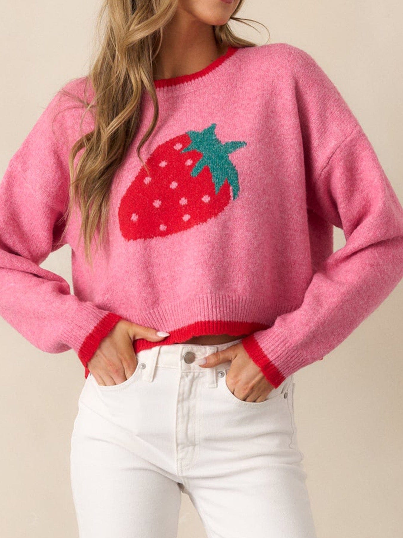 Strawberry Bliss Contrast Sweater-Sweaters-Krush Kandy, Women's Online Fashion Boutique Located in Phoenix, Arizona (Scottsdale Area)