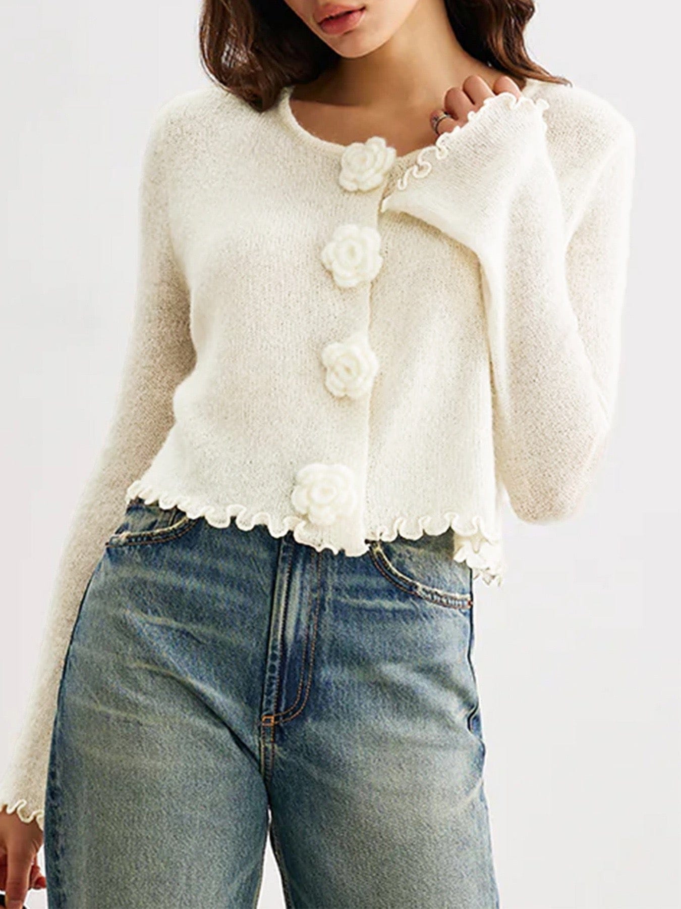Cute As A Button Rose Ruffle Cardigan-Cardigans-Krush Kandy, Women's Online Fashion Boutique Located in Phoenix, Arizona (Scottsdale Area)