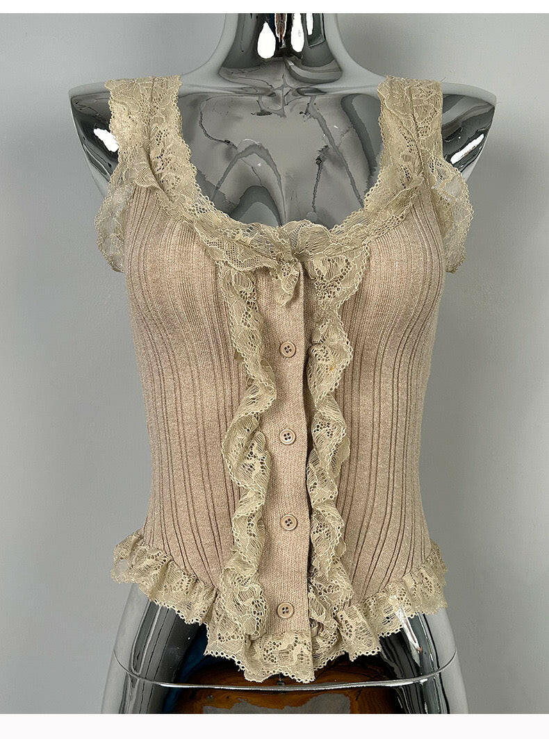 Ruffle Lace Ribbed Button Tank-Tops-Krush Kandy, Women's Online Fashion Boutique Located in Phoenix, Arizona (Scottsdale Area)