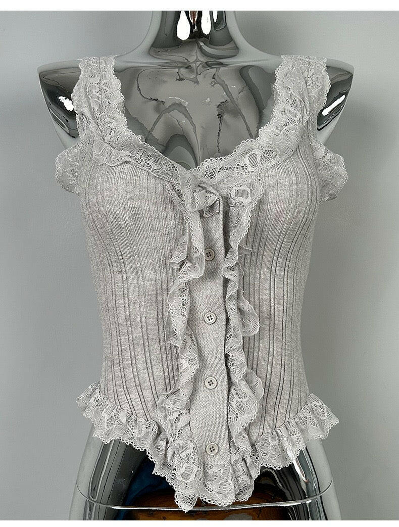 Ruffle Lace Ribbed Button Tank-Tops-Krush Kandy, Women's Online Fashion Boutique Located in Phoenix, Arizona (Scottsdale Area)