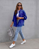 Frayed Denim Pocket Shirt Jacket-Jackets-Krush Kandy, Women's Online Fashion Boutique Located in Phoenix, Arizona (Scottsdale Area)