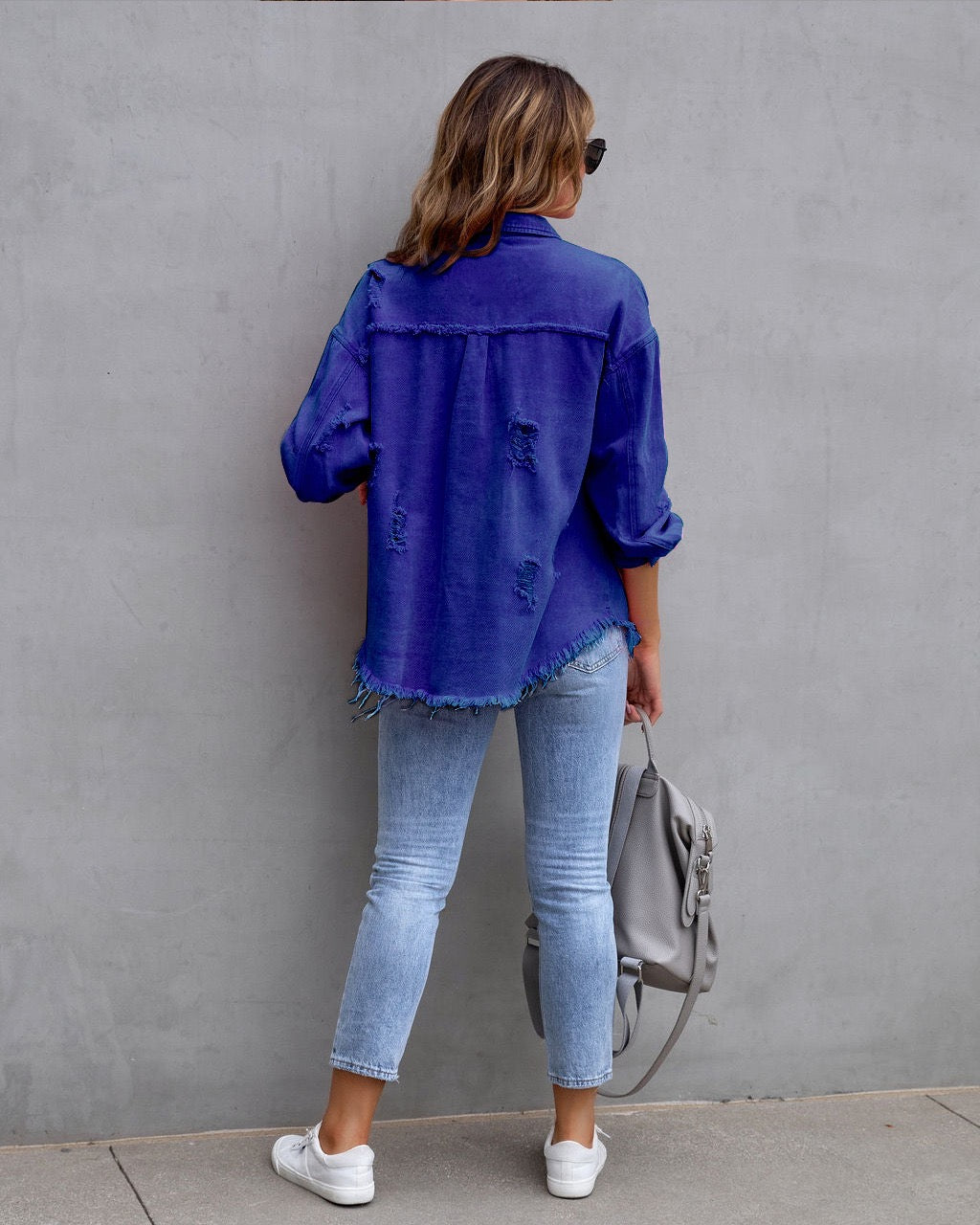 Frayed Denim Pocket Shirt Jacket-Jackets-Krush Kandy, Women's Online Fashion Boutique Located in Phoenix, Arizona (Scottsdale Area)