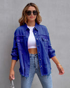 Frayed Denim Pocket Shirt Jacket-Jackets-Krush Kandy, Women's Online Fashion Boutique Located in Phoenix, Arizona (Scottsdale Area)