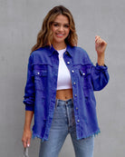 Frayed Denim Pocket Shirt Jacket-Jackets-Krush Kandy, Women's Online Fashion Boutique Located in Phoenix, Arizona (Scottsdale Area)