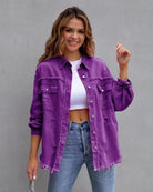 Frayed Denim Pocket Shirt Jacket-Jackets-Krush Kandy, Women's Online Fashion Boutique Located in Phoenix, Arizona (Scottsdale Area)