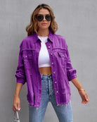 Frayed Denim Pocket Shirt Jacket-Jackets-Krush Kandy, Women's Online Fashion Boutique Located in Phoenix, Arizona (Scottsdale Area)