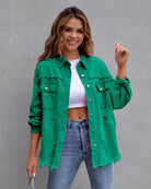 Frayed Denim Pocket Shirt Jacket-Jackets-Krush Kandy, Women's Online Fashion Boutique Located in Phoenix, Arizona (Scottsdale Area)
