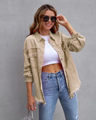 Frayed Denim Pocket Shirt Jacket-Jackets-Krush Kandy, Women's Online Fashion Boutique Located in Phoenix, Arizona (Scottsdale Area)