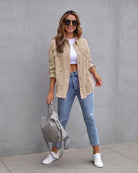 Frayed Denim Pocket Shirt Jacket-Jackets-Krush Kandy, Women's Online Fashion Boutique Located in Phoenix, Arizona (Scottsdale Area)
