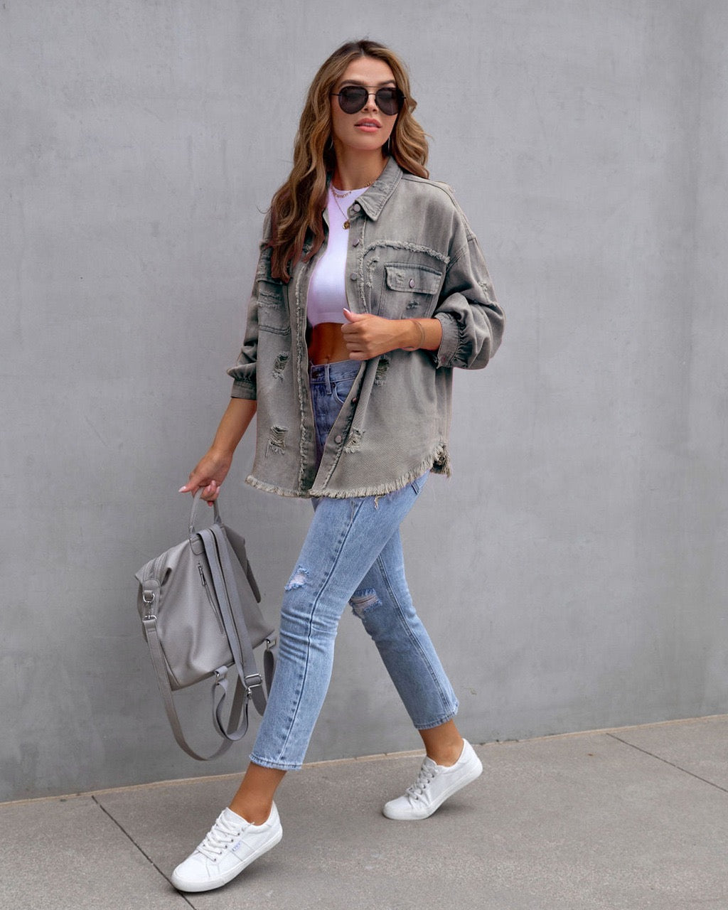 Frayed Denim Pocket Shirt Jacket-Jackets-Krush Kandy, Women's Online Fashion Boutique Located in Phoenix, Arizona (Scottsdale Area)