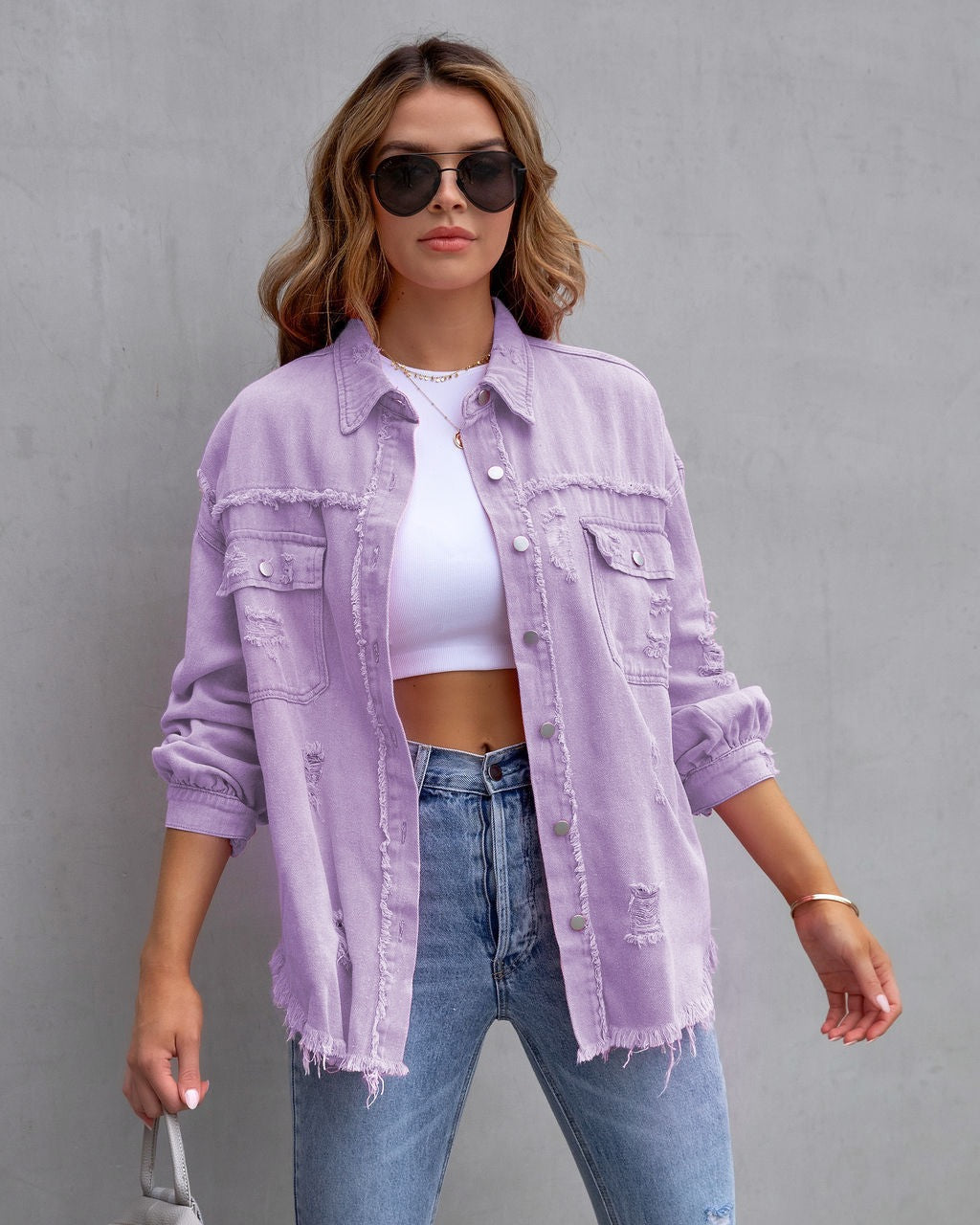 Frayed Denim Pocket Shirt Jacket-Jackets-Krush Kandy, Women's Online Fashion Boutique Located in Phoenix, Arizona (Scottsdale Area)