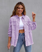 Frayed Denim Pocket Shirt Jacket-Jackets-Krush Kandy, Women's Online Fashion Boutique Located in Phoenix, Arizona (Scottsdale Area)