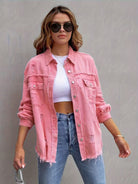 Frayed Denim Pocket Shirt Jacket-Jackets-Krush Kandy, Women's Online Fashion Boutique Located in Phoenix, Arizona (Scottsdale Area)