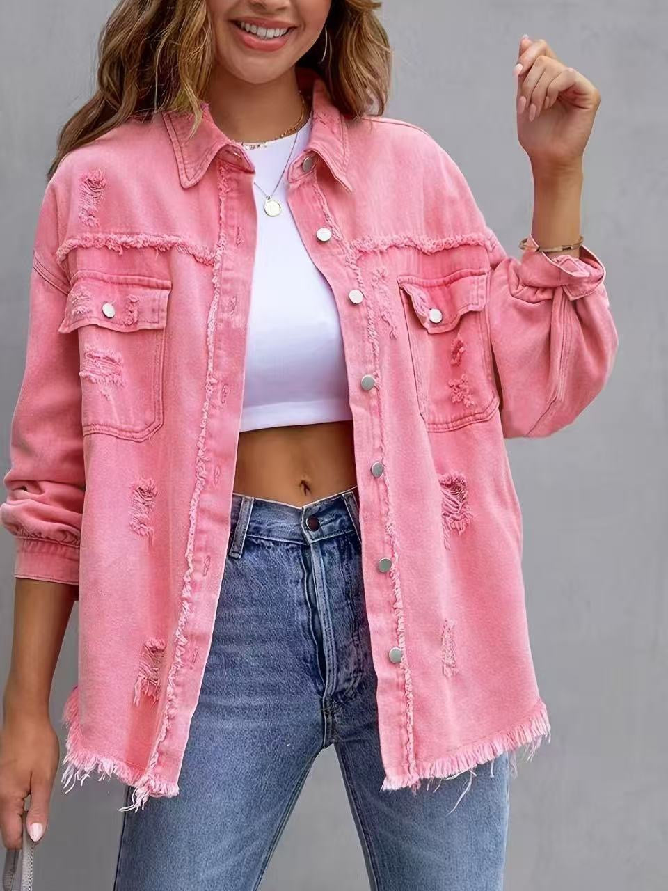 Frayed Denim Pocket Shirt Jacket-Jackets-Krush Kandy, Women's Online Fashion Boutique Located in Phoenix, Arizona (Scottsdale Area)