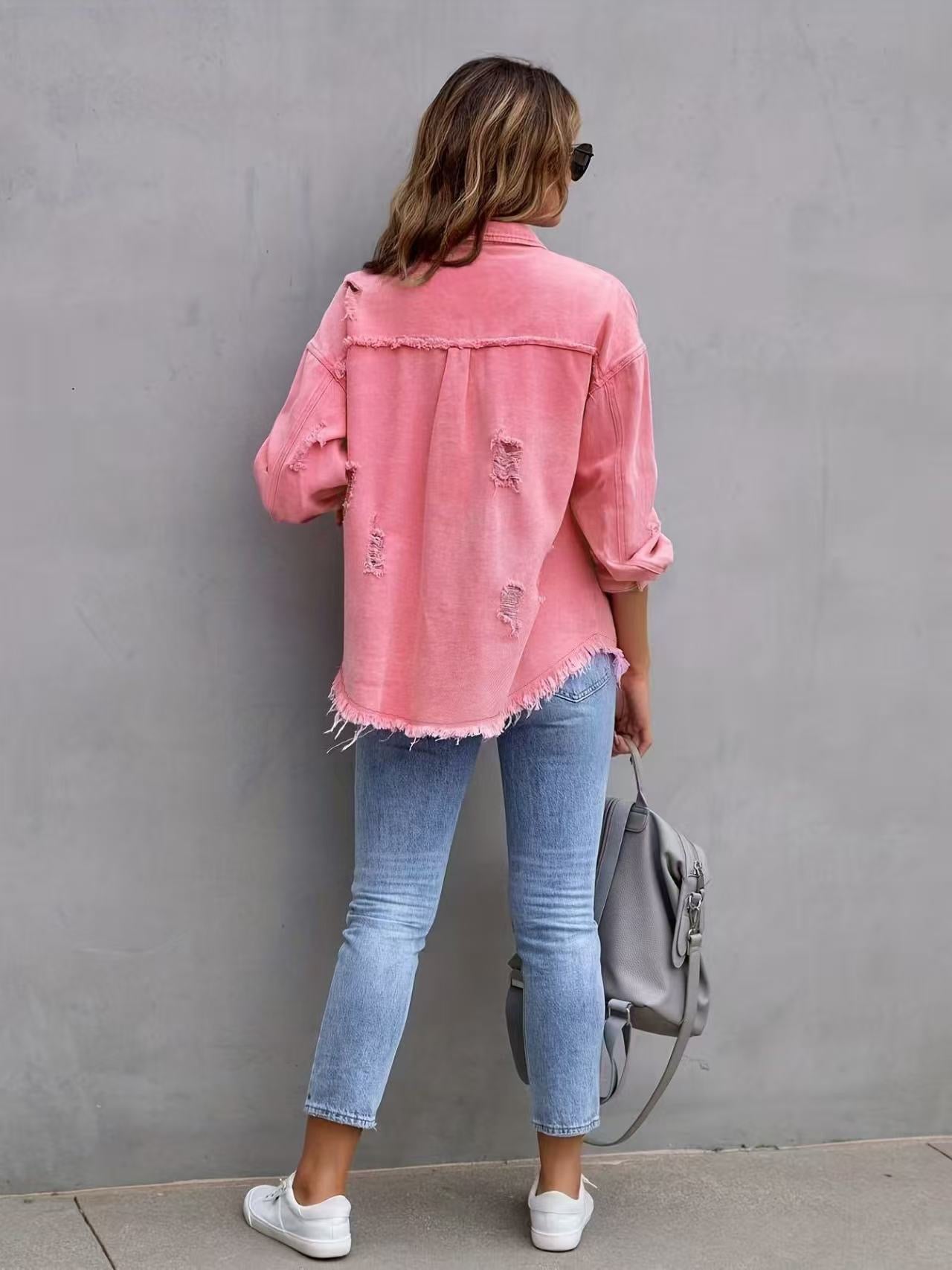 Frayed Denim Pocket Shirt Jacket-Jackets-Krush Kandy, Women's Online Fashion Boutique Located in Phoenix, Arizona (Scottsdale Area)