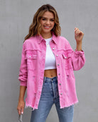 Frayed Denim Pocket Shirt Jacket-Jackets-Krush Kandy, Women's Online Fashion Boutique Located in Phoenix, Arizona (Scottsdale Area)