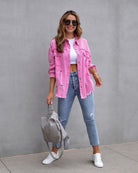 Frayed Denim Pocket Shirt Jacket-Jackets-Krush Kandy, Women's Online Fashion Boutique Located in Phoenix, Arizona (Scottsdale Area)