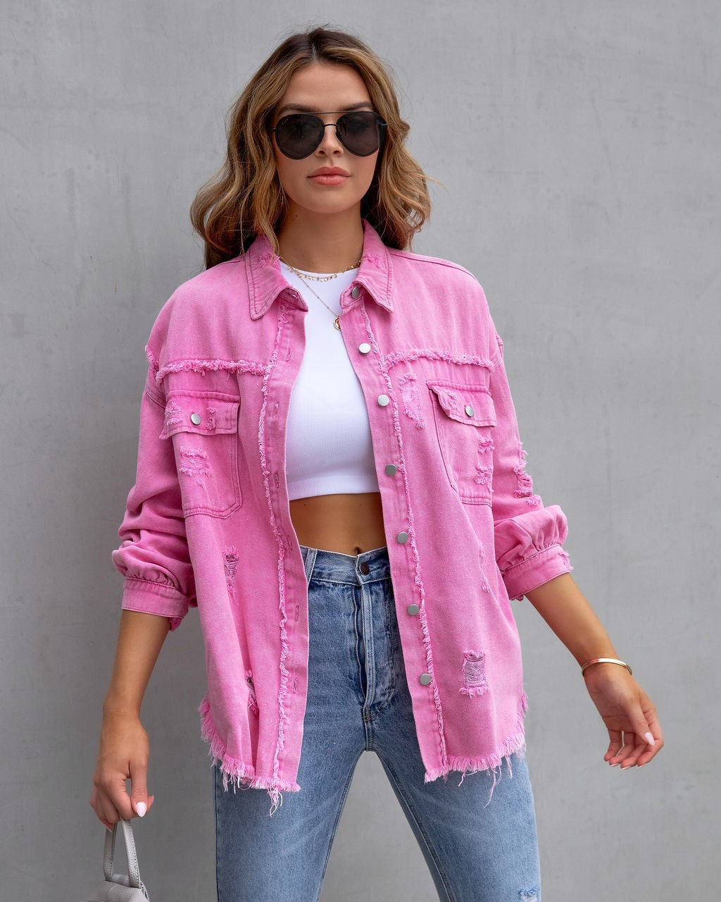 Frayed Denim Pocket Shirt Jacket-Jackets-Krush Kandy, Women's Online Fashion Boutique Located in Phoenix, Arizona (Scottsdale Area)