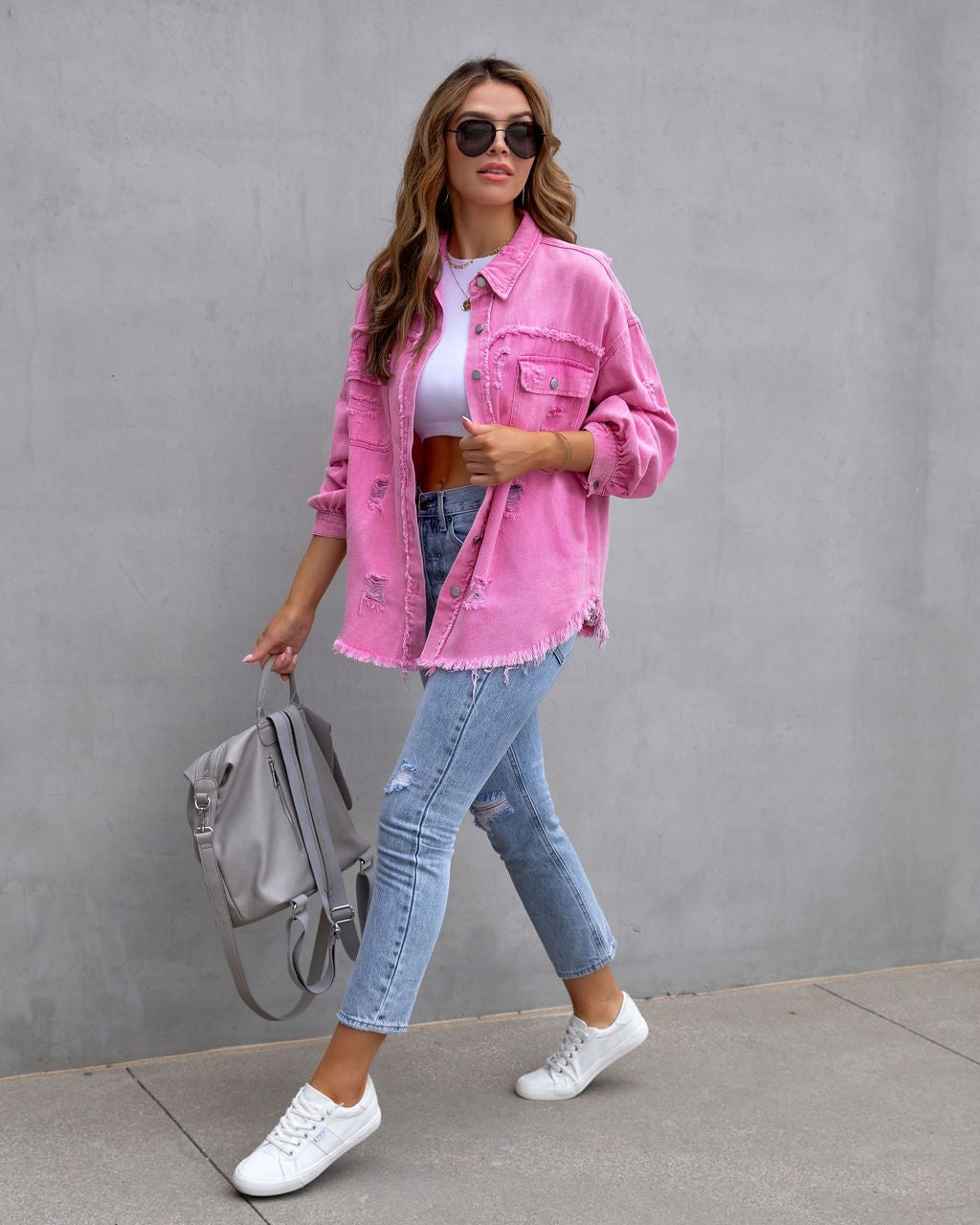Frayed Denim Pocket Shirt Jacket-Jackets-Krush Kandy, Women's Online Fashion Boutique Located in Phoenix, Arizona (Scottsdale Area)
