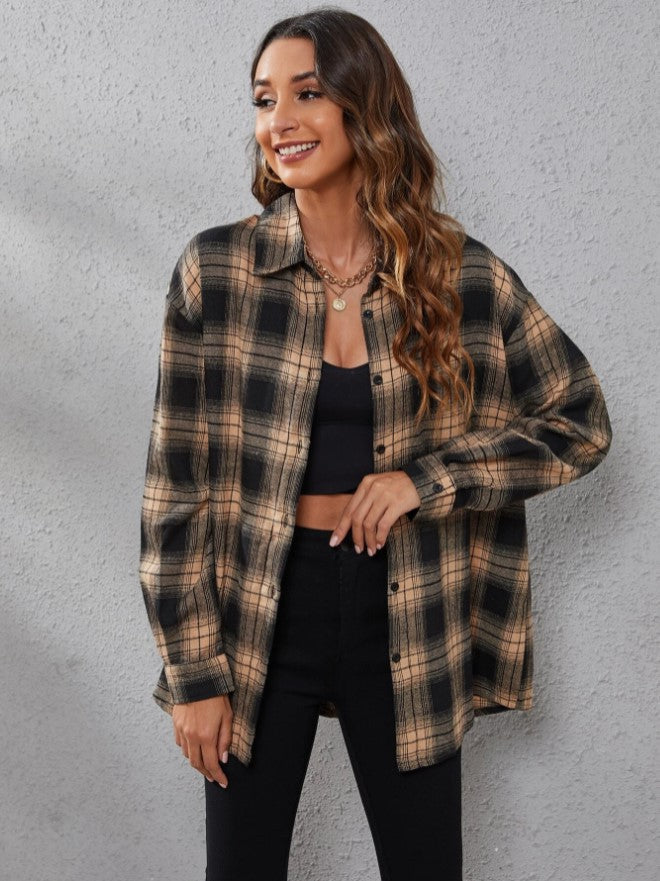 Fall Vibes Only Long Sleeve Plaid Flannel-Long Sleeve Tops-Krush Kandy, Women's Online Fashion Boutique Located in Phoenix, Arizona (Scottsdale Area)