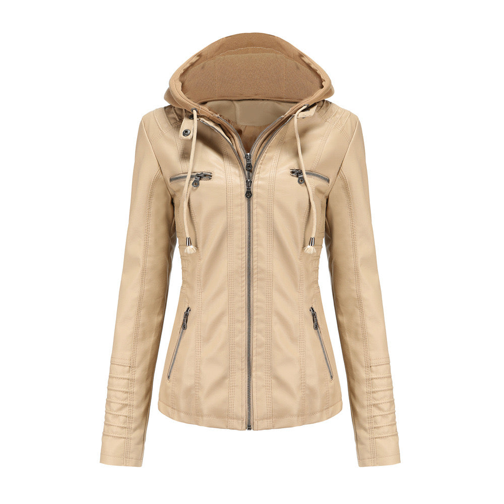 Faux Leather Hooded Zip-Up Jacket-Jackets-Krush Kandy, Women's Online Fashion Boutique Located in Phoenix, Arizona (Scottsdale Area)